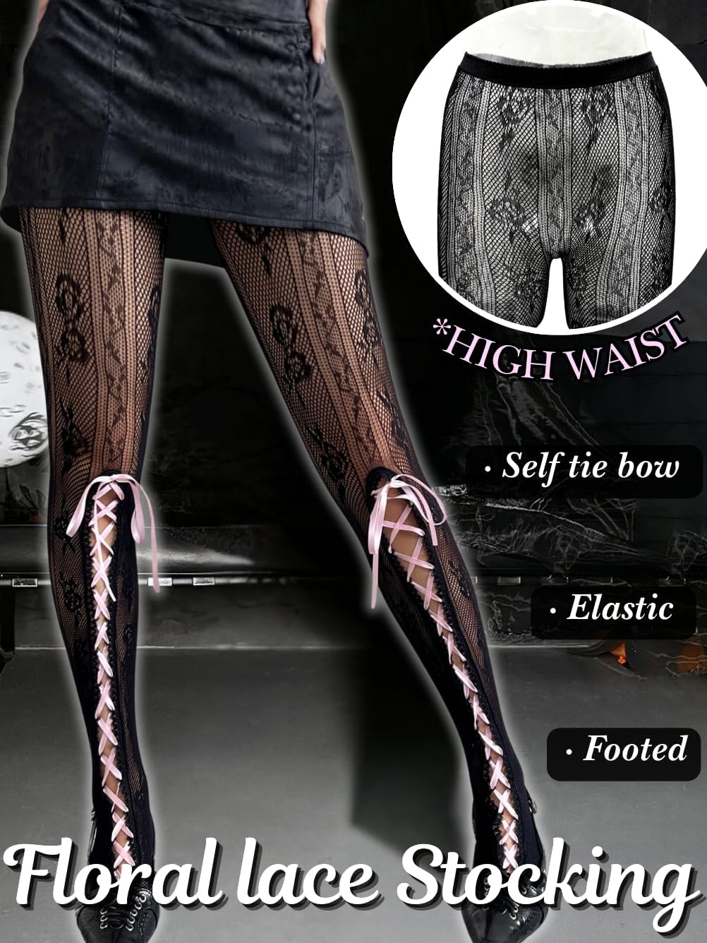 Floral Lace Tights,Lace-Up Bow Cute Stockings For Women,Christmas Kawaii Costume Size 0-20 - Image 2