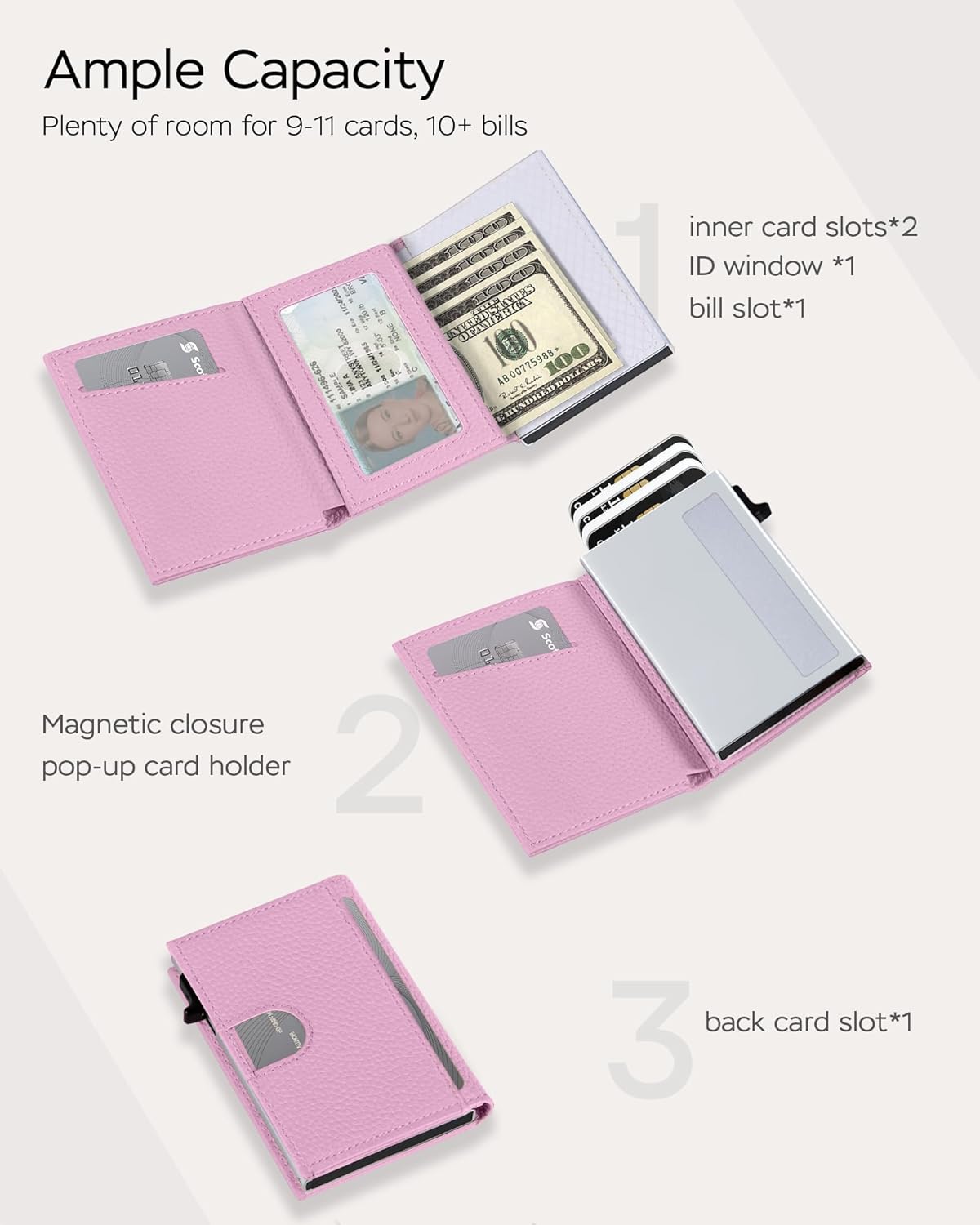 Women's Small Wallet - Soft Sakura Pink Aesthetic, RFID Blocking Smart Metal Pop Up Card Holder, Ultra Slim Fits Most Bags & Pockets, Holds 11+ Cards 10+ Bills, Gift for Her - Image 2