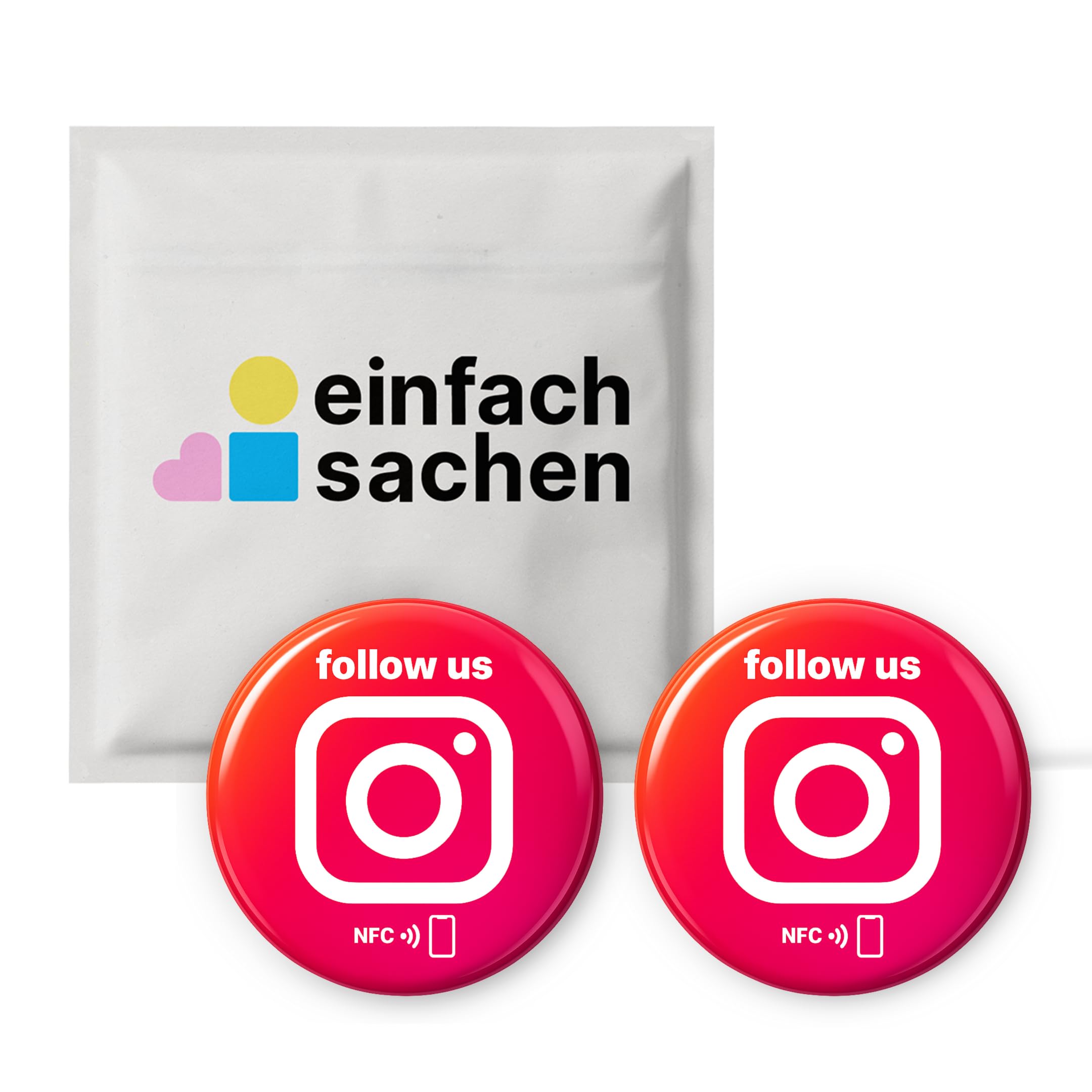 Instagram NFC "Follow Us" Stickers - Programmable & Reusable - 3cm Diameter - Shiny Stickers with NFC Chip - Contactless Marketing Tool for Cafes, Hotels (Pack of 2)