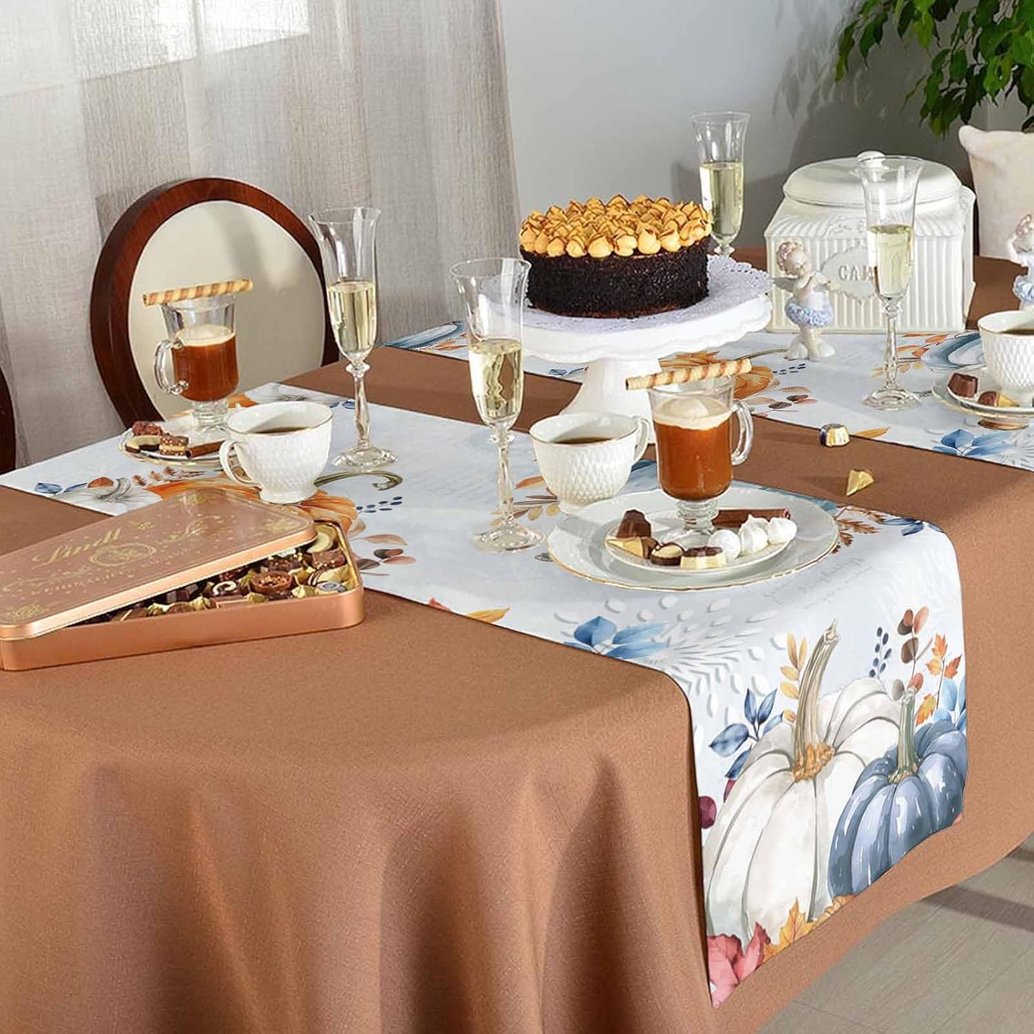 Fall Thanksgiving Table Runner Blue Pumpkins Dresser Scarves 120 Inch Length Rustic Autumn Leaves Non-Slip Washable Farmhouse Dining Table Runners for Wedding Party Holiday Decoration