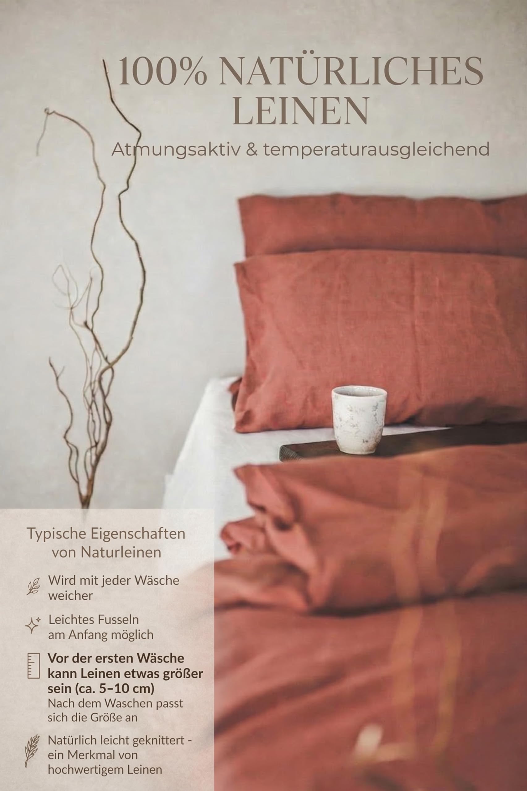 Zestaw lnianej pościeli w 100% z naturalnego lnu, z naturalnym włóknem lnianym, z zamknięciem hotelowym (nasycone kolory cegły, 80 x 80 cm)
