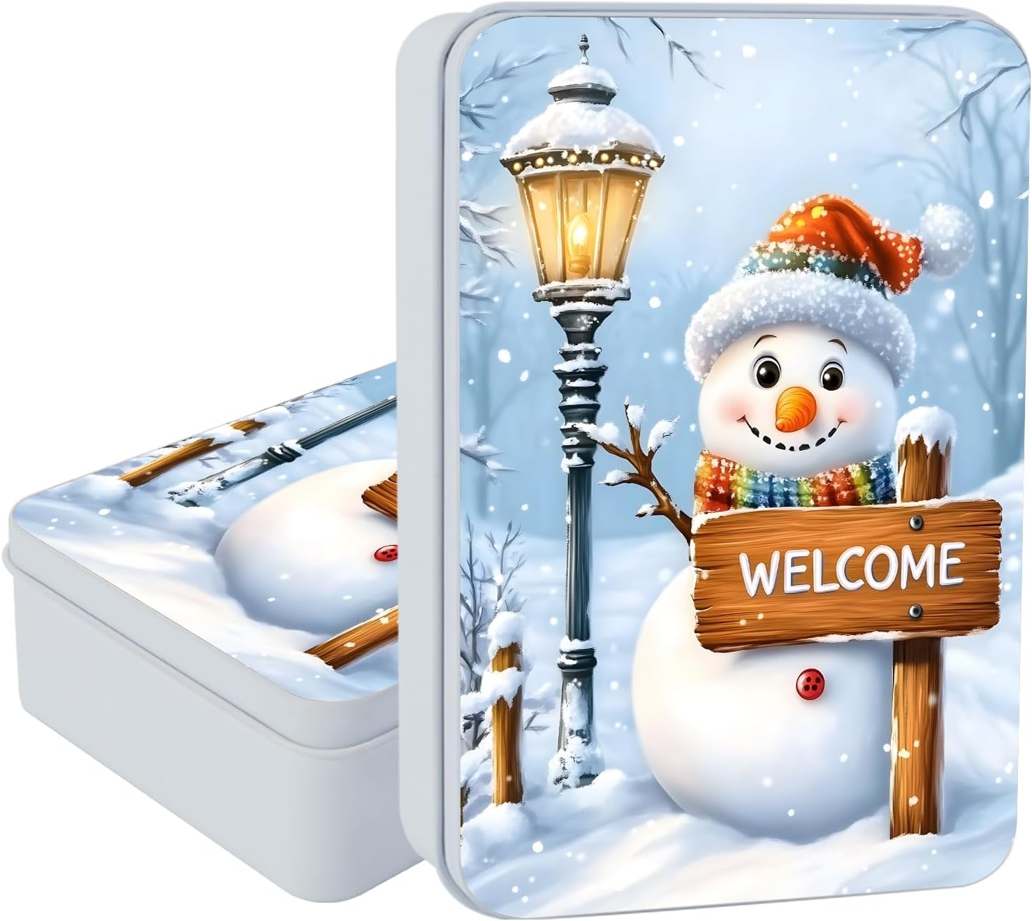 Large Metal Tins Box-7.1” x4.7”x2“ Rectangular Empty Storage Box With Lid Decorative Organizer Storage Tin Case For Office/Cookie/Candy/Jewelry/Photo/Letter-Snowman Light