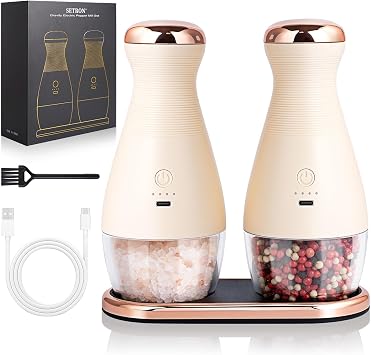 Gravity Electric Salt and Pepper Grinder Set, Adjustable Coarseness Rechargeable Automatic Pepper and Salt Mills One Handed Operation 2pcs,Apricot