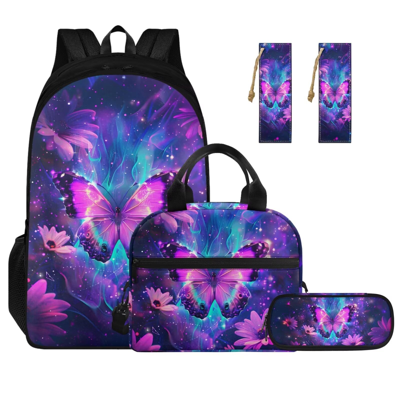 Ystardream Purple Butterfly Backpack for Girls Kids Backpack with Lunch Bag Set Elementary Supplies for Little Big Kids Back to School Daypack with