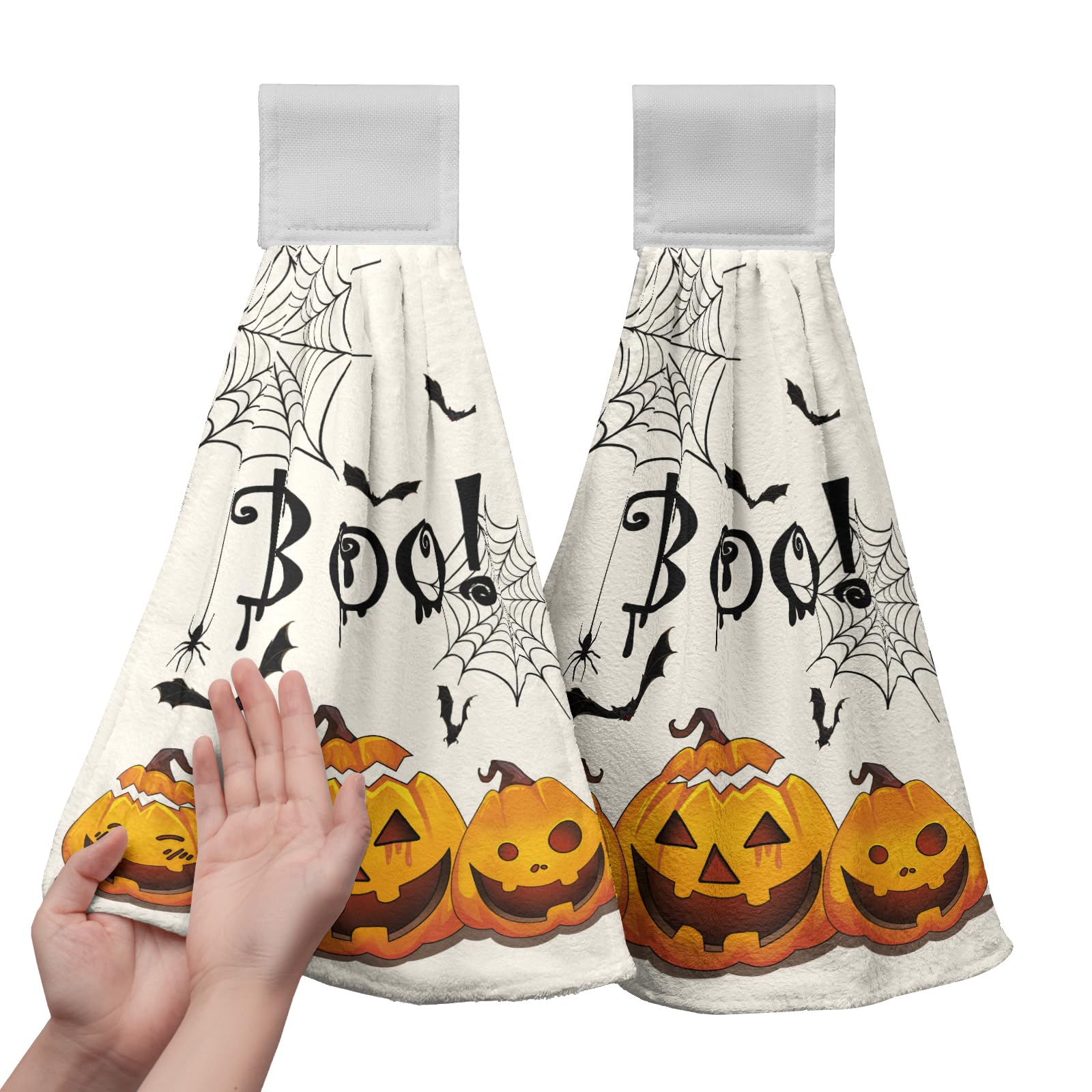 Happy Halloween Pumpkin Hanging Kitchen Towels Set of 2 Pumpkin Bat Spider Web Hand Towel with Hanging Loop Boo Halloween Holiday Tie Towel Soft