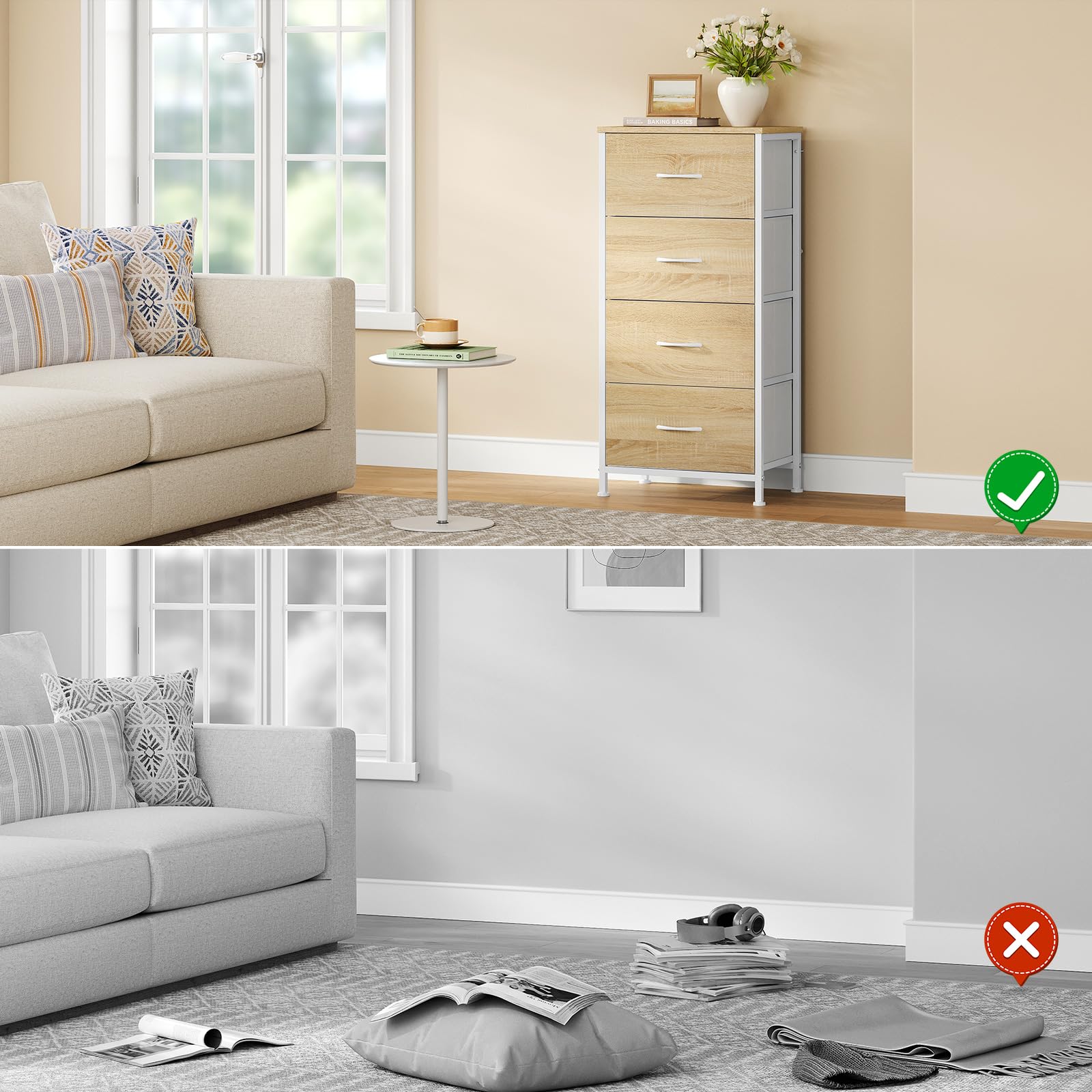 WOLTU Cassettiera, 4 Cassetti in Tessuto, Armadio di Stoccaggio per Camera da Letto Corridoio Soggiorno, Struttura in Acciaio, E1 Piano Legno, Rovere Chiaro+Bianco