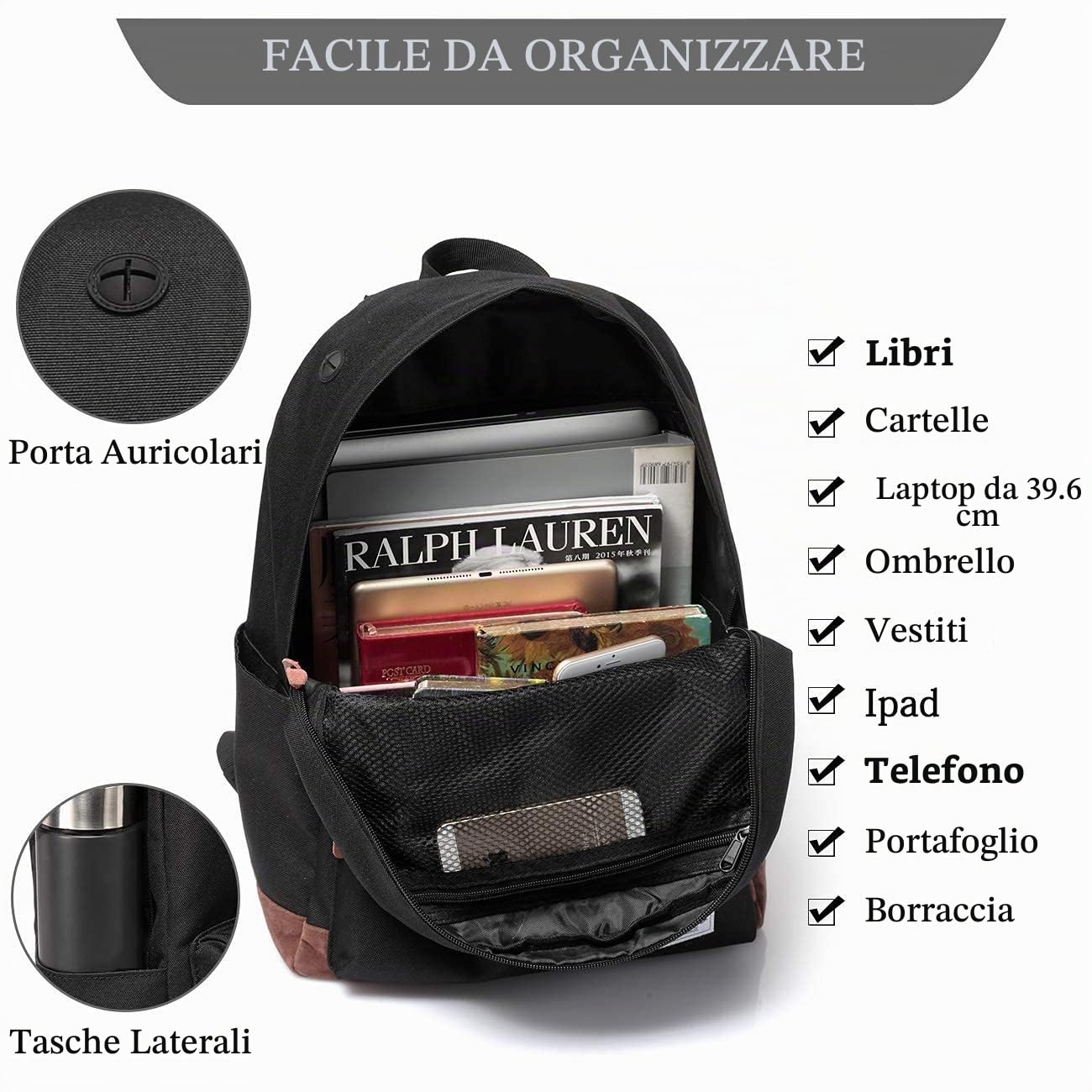 VASCHY - Zaino per la scuola, per computer portatile, per il tempo libero