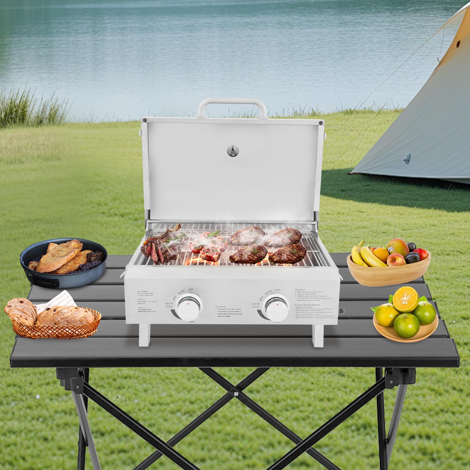 Barbecue à gaz gastro avec 2 brûleurs - En acier inoxydable - Avec couvercle - Pliable - Portable - Pour terrasse, excursions en camping-car et pique-nique