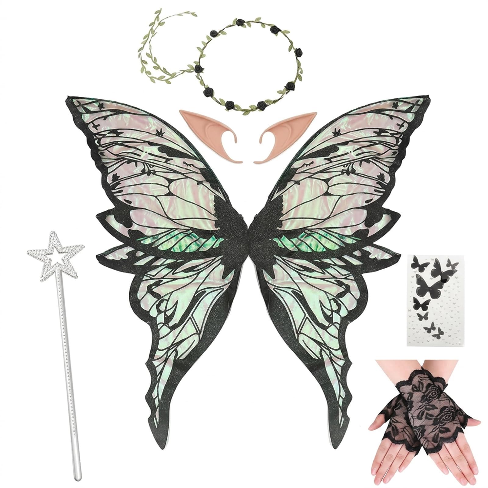OBOVO Fairy Wings, Fairy Costume Adult with Elf Ears, Flower Wreath, Wand, Lace Gloves, Stickers, Dress Up Costumes Accessories for Halloween Party Cosplay