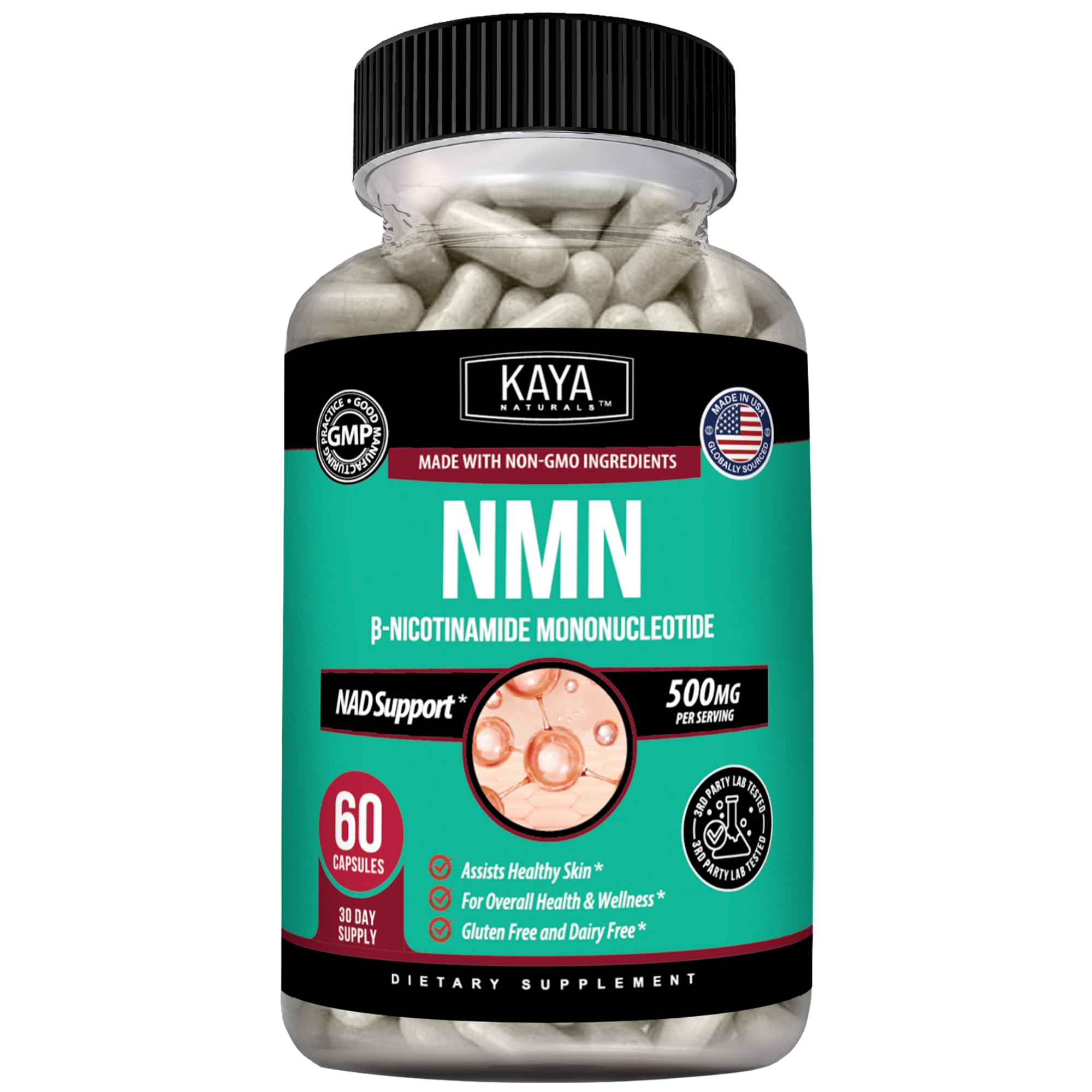 Kaya Naturals NMN Supplement, 500 mg per Serving, 60 Capsules, Non-GMO