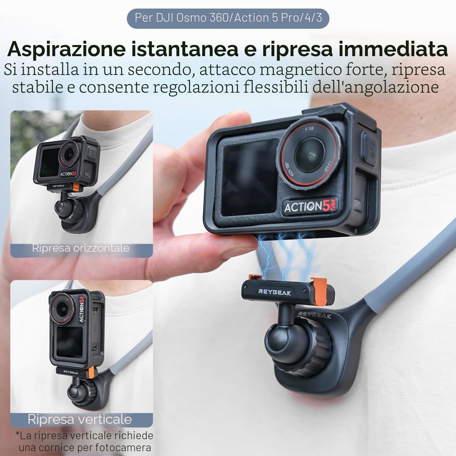 REYGEAK Mount per collo magnetico per DJI Osmo Action, montaggio per action camera POV, montaggio con cintura toracica regolabile compatibile con accessori DJI OSMO 360/Action 5 Pro/4/3