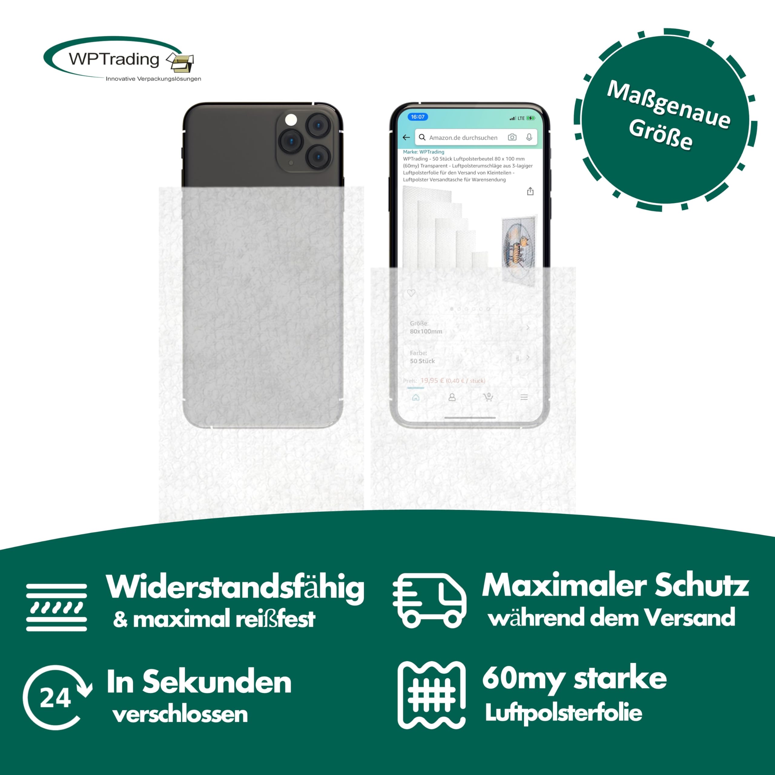 50 Stück Luftpolsterbeutel 400 x 600 mm (60my) Transparent - Luftpolsterumschläge aus 3-lagiger Luftpolsterfolie für Versand von Kleinteilen - Luftpolster Versandtasche für Warensendung