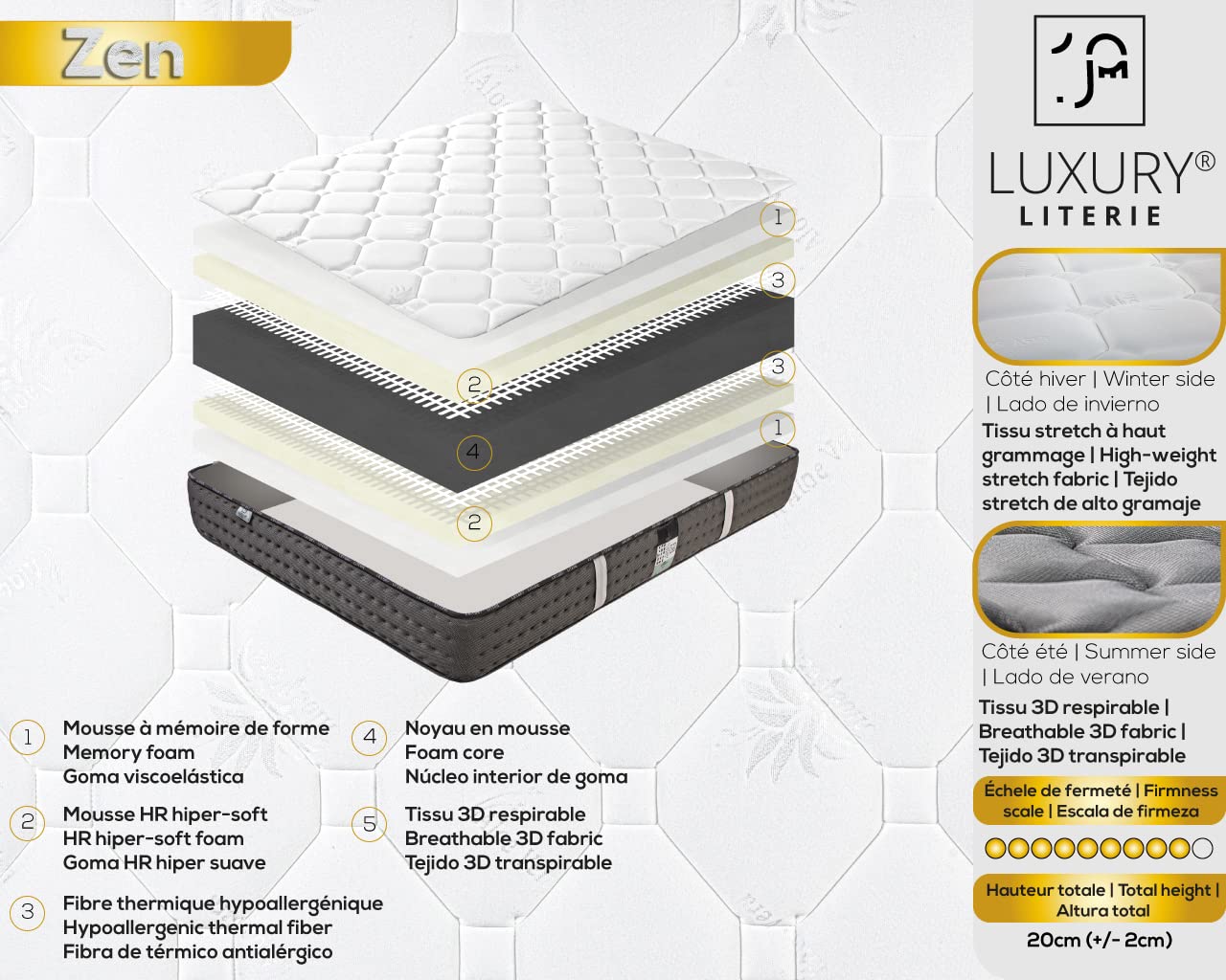 Luxury Literie | Colchón Zen 135 x 190 cm | Viscoelástico Fresco y Adaptable | Sistema de Espuma HR | 10 Zonas de Confort | 20 cm (+/- 2cm) | Todas Las Dimensiones
