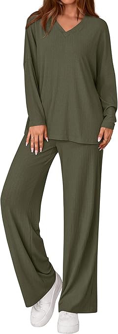 PRETTYGARDEN 2 Piece Lounge Sets for Women Fall Outfits 2025 Casual Loose Long Sleeve Tops Wide Leg Pants Matching Pajama Set