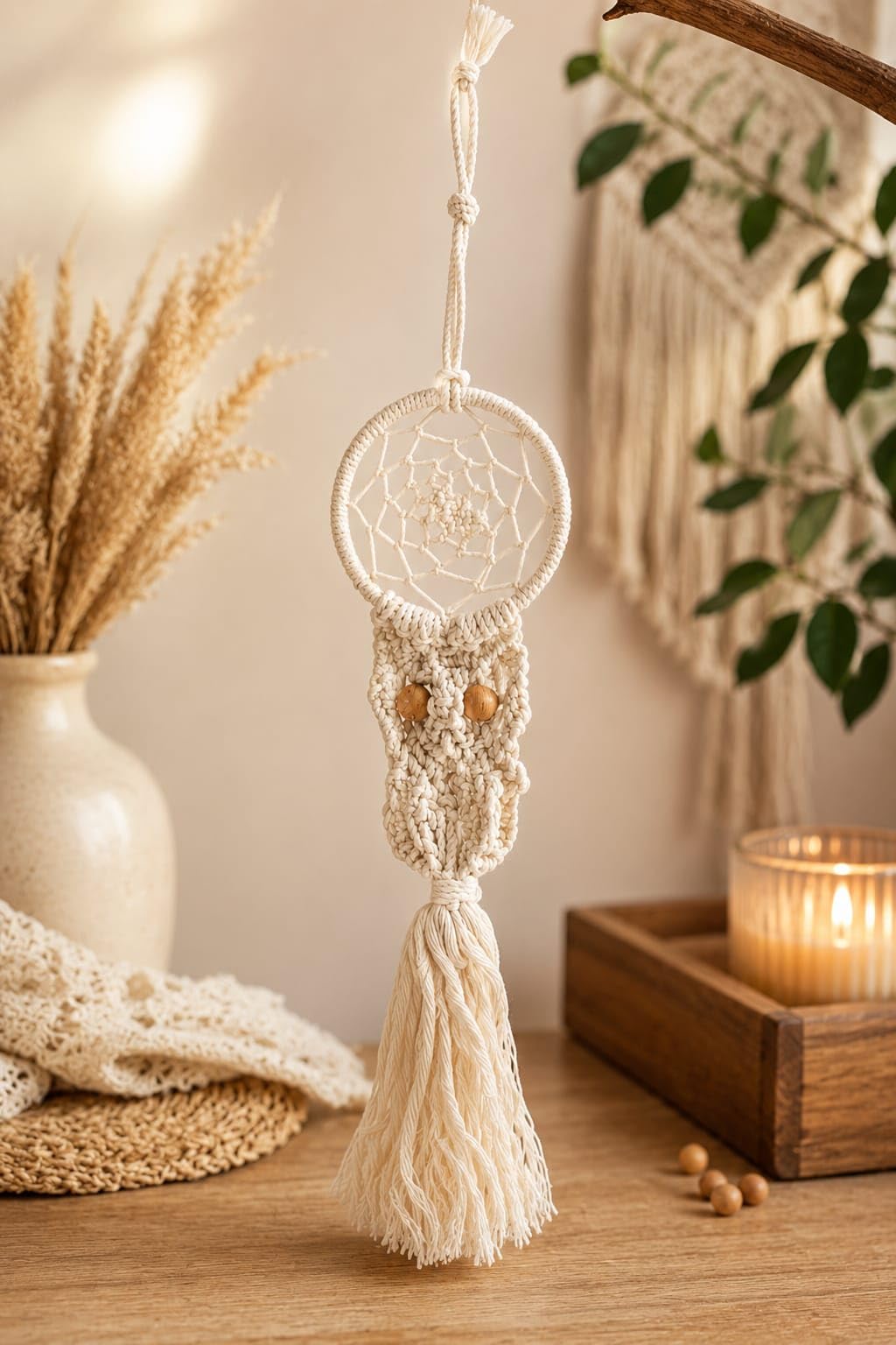 handmade macrame dream catcher bag charm | boho cotton tassel handbag charm | purse charm | car mirror hanging | off white