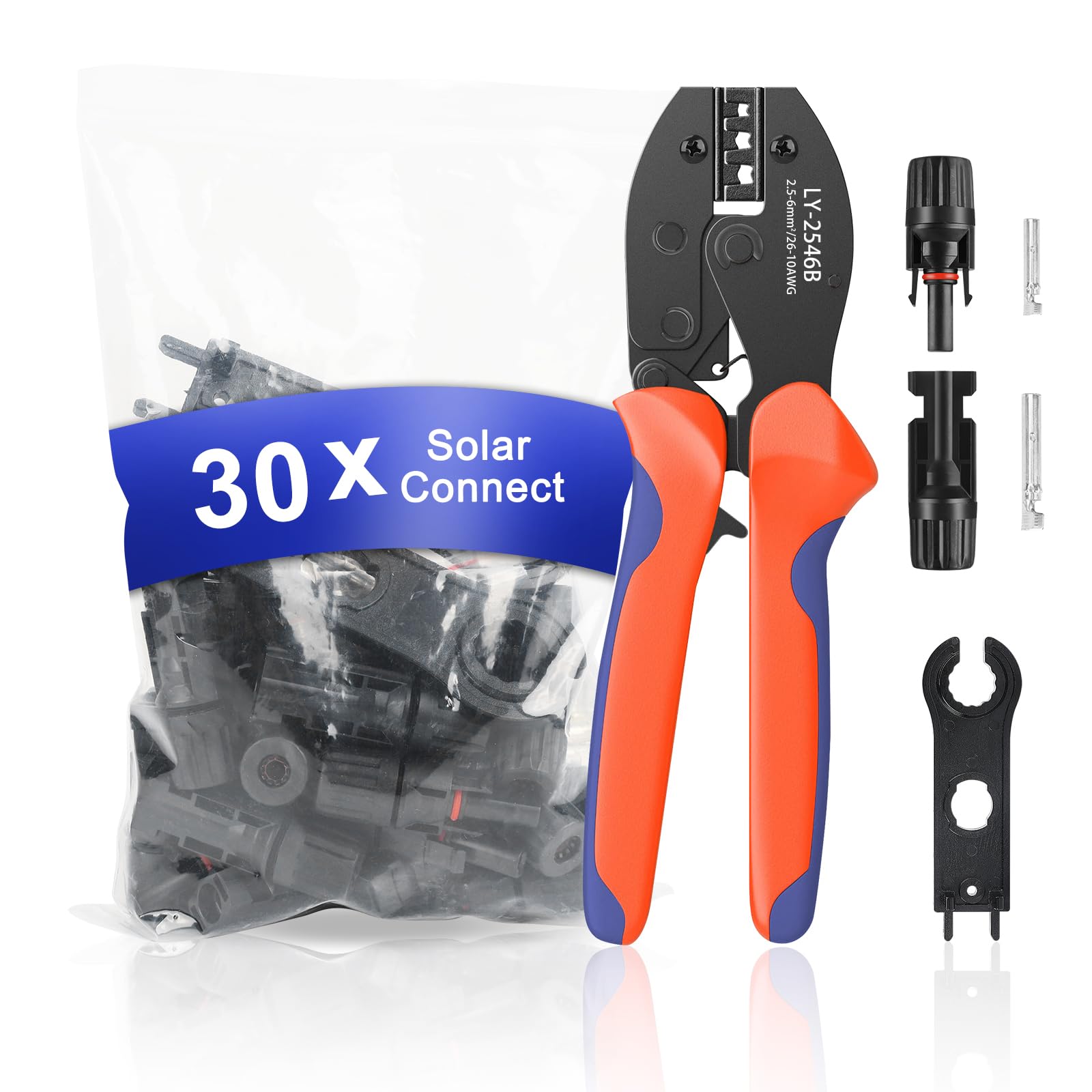 Kit de herramientas de crimpado solar con 60 conectores solares, 1 par de llaves inglesas de conector solar, 1 pelacables de alambre, herramienta de crimpado para montaje de extensión de cable de