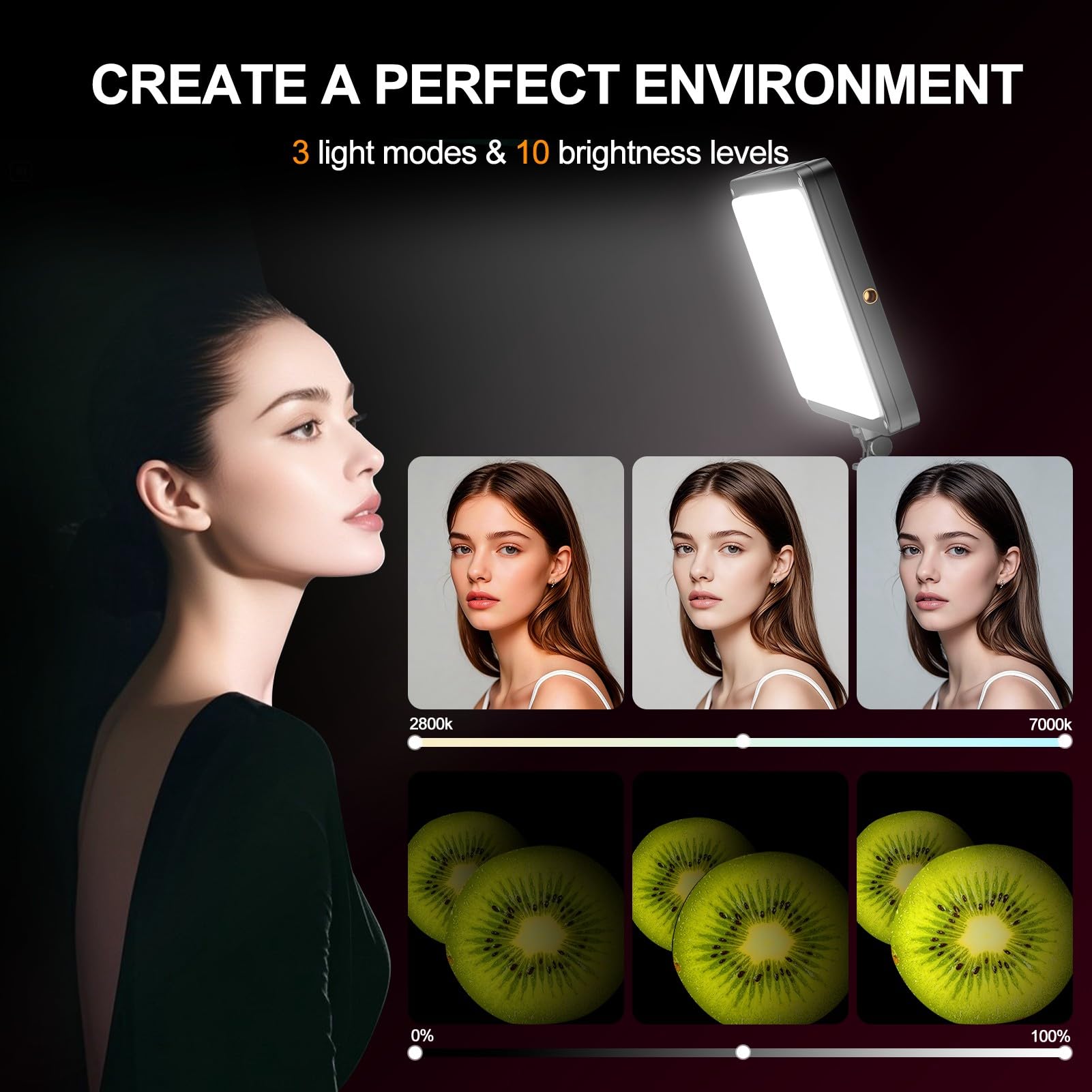 EMART - Juego de 2 luces de video LED, luz de estudio con soporte para teléfono y puerta de granero, iluminación de fotografía regulable de 2800-7000 K para grabación de video, trípode de 60 pulgadas