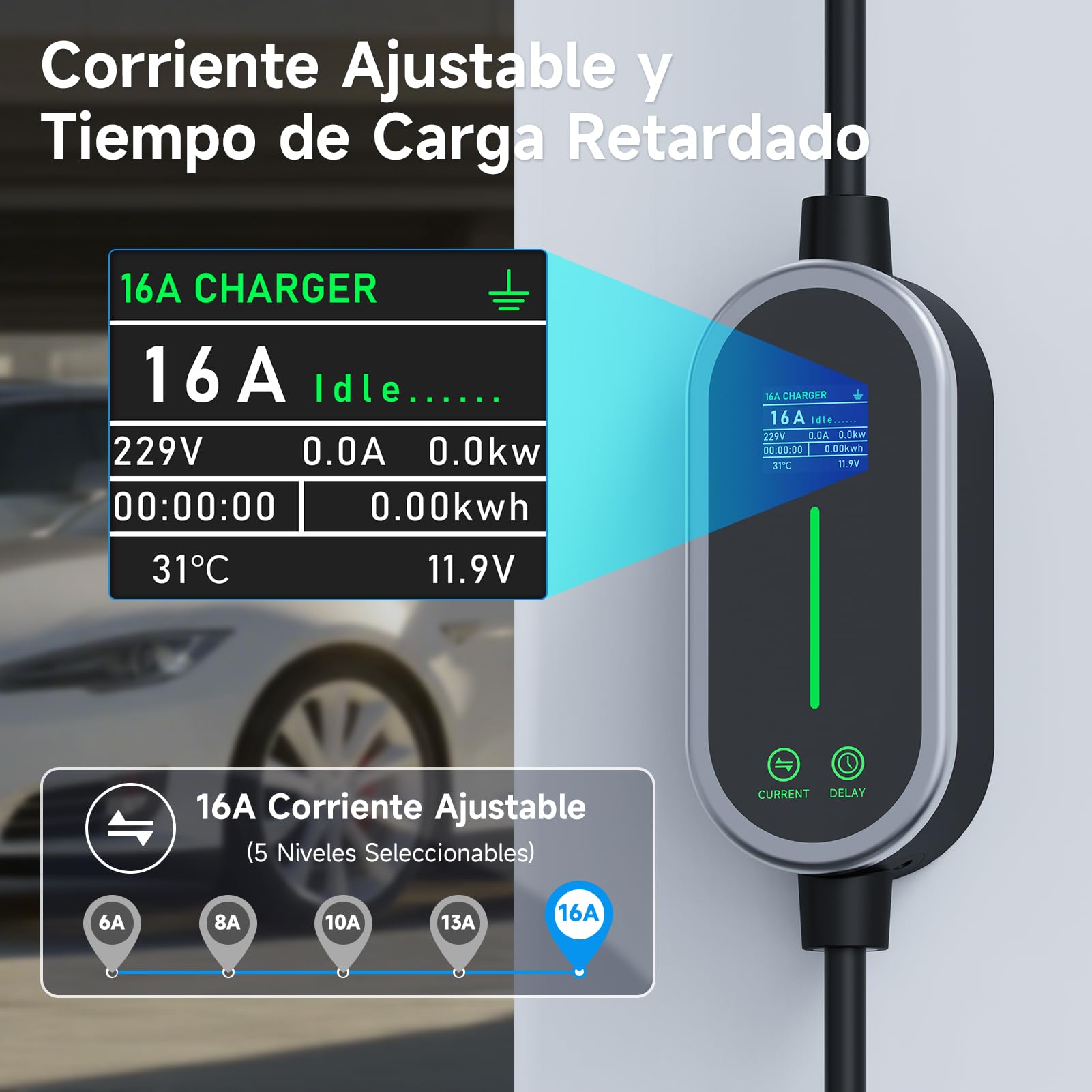 Cargador Coche Electrico 3,6kW 10m, 6-16A Cable Carga Coche Electrico, Cargador para Coche, Pantalla LED con Bolsa, Wallbox Portatil para EV y PHEV, IEC 62196-2, IP65