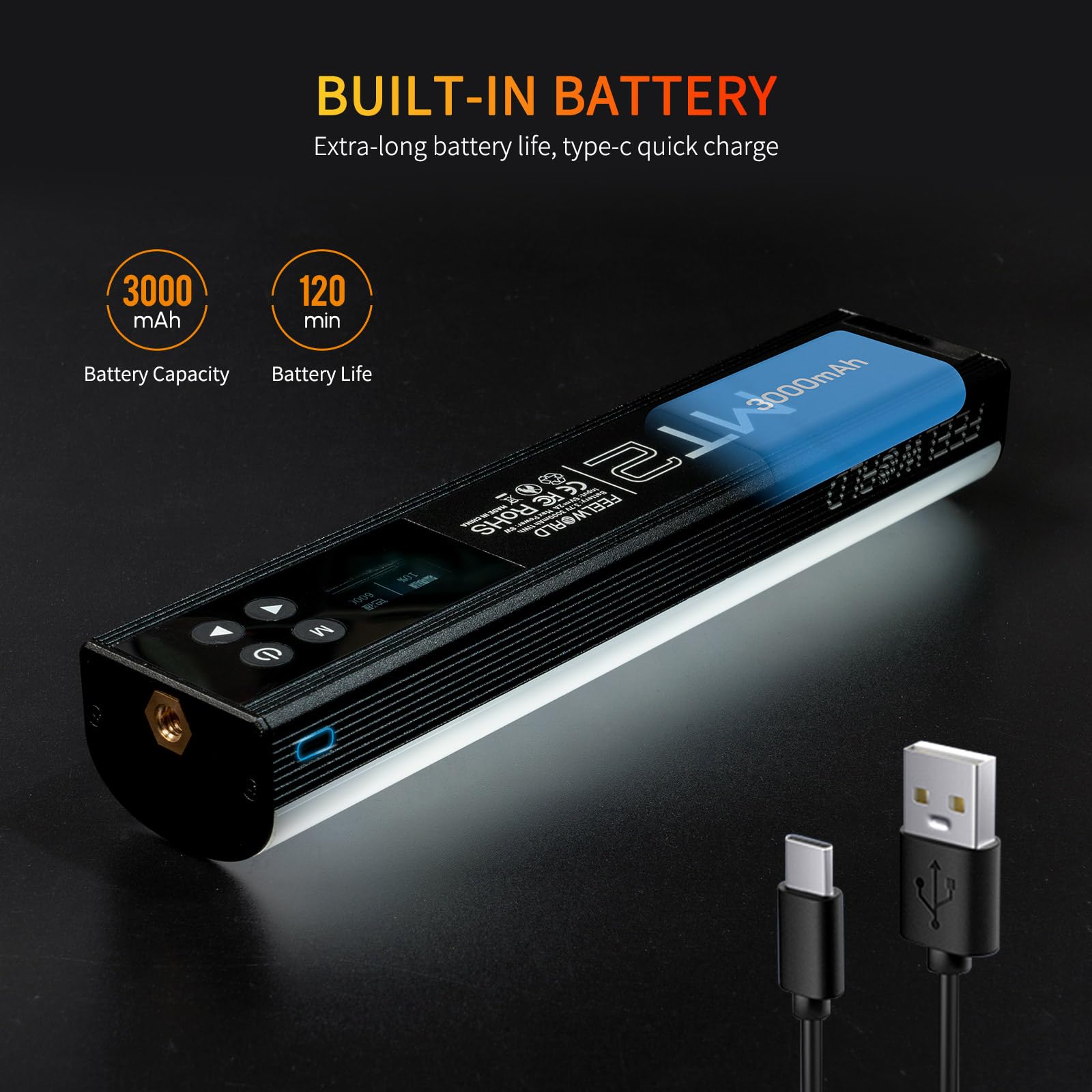 FEELWORLD MT2 Tubo de luz,360° RGB LED luz de vídeo para la fotografía, 3000mAh Recargable Mini bastón de luz para sesiones de vídeo Profesional con imanes