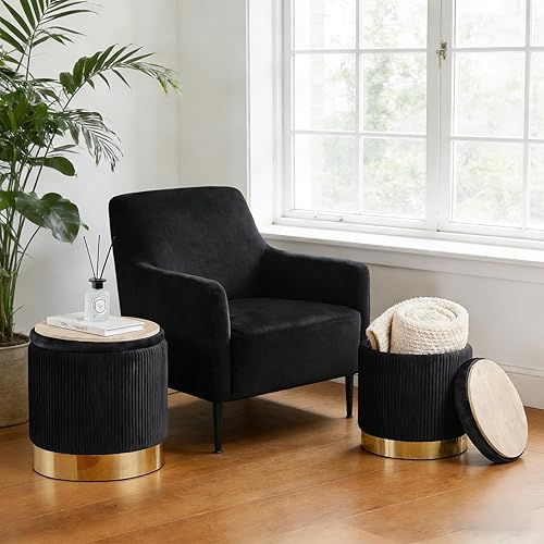 Miniatura 3 de Round Ottoman with Storage Set of 2 Upholstered Velvet Vanity Stool for Living Room Storage Ottomans Multifunctional Foot Rest