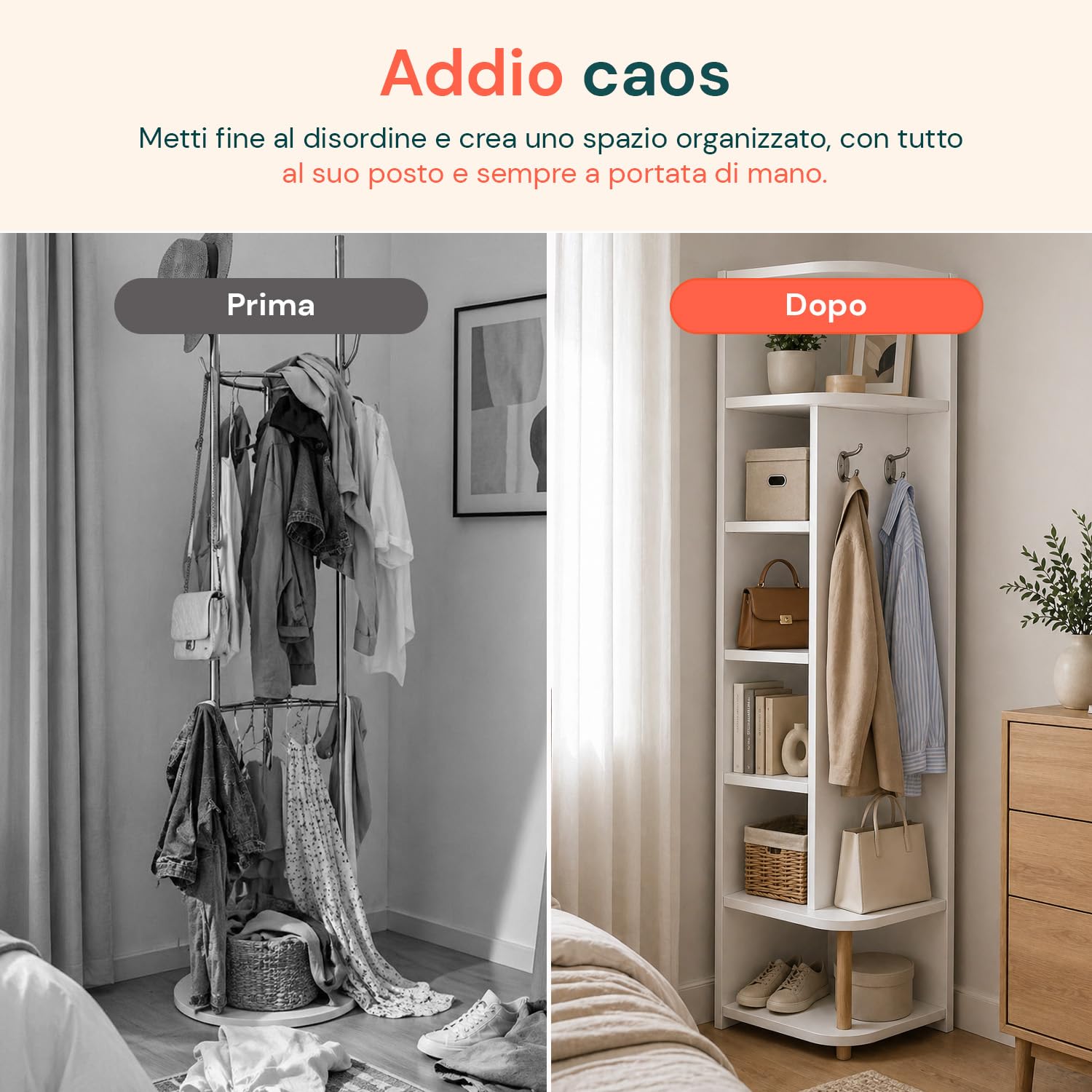 Avilia - Scaffale Angolare Bianco a 7 Livelli – Libreria Verticale Salvaspazio h 180 cm – Mobile ad Angolo con 2 Ganci Laterali Appendiabiti – Struttura Robusta per Soggiorno, Bagno e Ingresso – 30x30