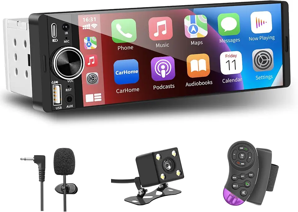 LSLYA Rádio Din único, tela sensível ao toque estéreo para Apple Carplay, Android Auto, rádio para carro com FM/USB/link espelhado/câmera traseira/controlador de volante do carro/mirofone/tipo-c