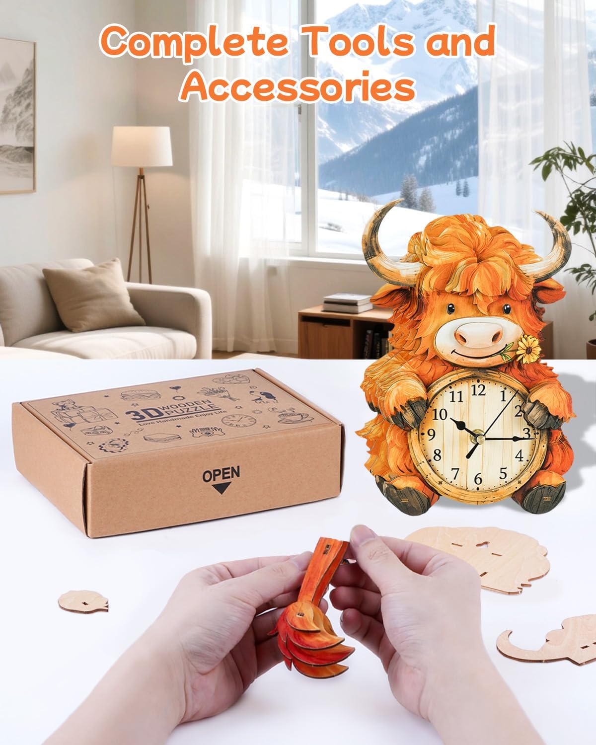 3D Puzzles for Adults, Highland Cow Clock Kit with Pendulum, 3D Wooden Puzzles Model Kit Home Decor DIY Wall Clock Birthday Christmas Easter Day Gifts for DIY Lovers
