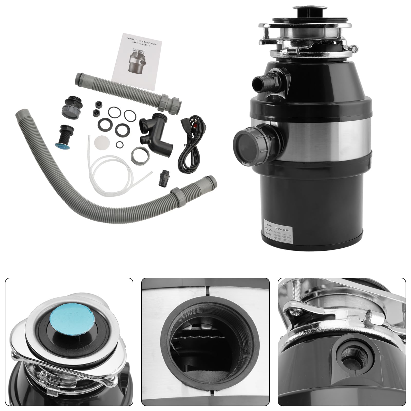 Triturador de Basura de 3/4 HP, 2800 RPM, para Cocina bajo Fregadero, con Enchufe e Interruptor inalámbrico, de Acero Inoxidable, de Alta Velocidad para una trituración eficiente de residuos.