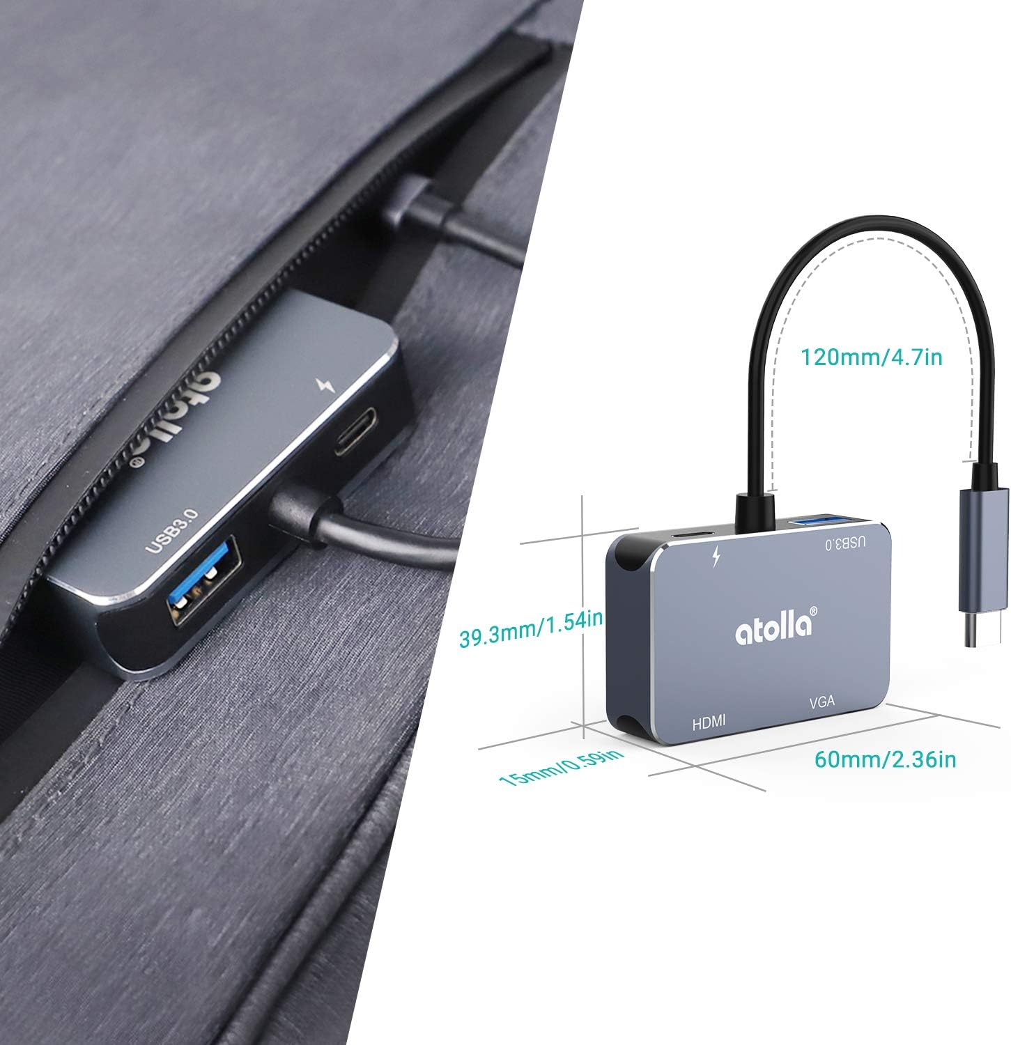 Atolla USB C to HDMI 4K@30Hz Adapter - 1080P VGA & USB 3.0 High Speed Ports + 60W PD for MacBook Pro & More Type C Devices