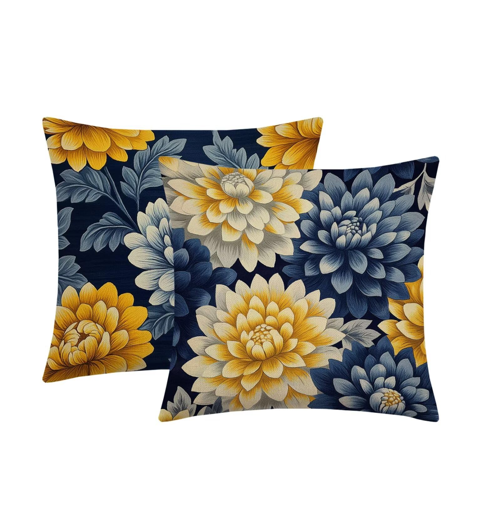 Kissenbezug 65x65cm Outdoor Kissen 2er Set Blume Blau Leinen Dekokissen