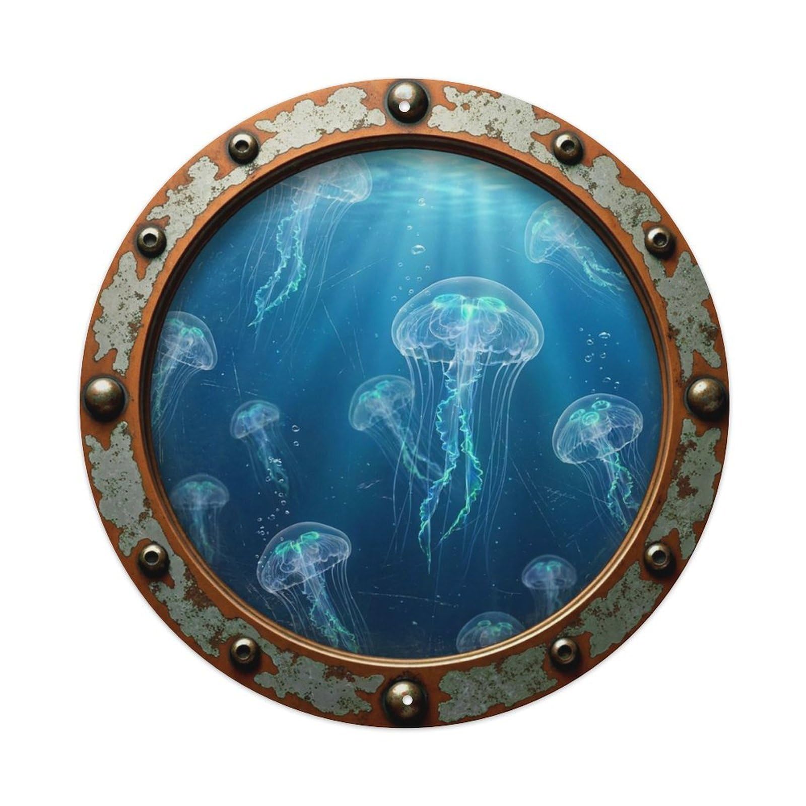 Vintage Porthole Crystal Jellyfish Nautical Window View Metal Tin Sign