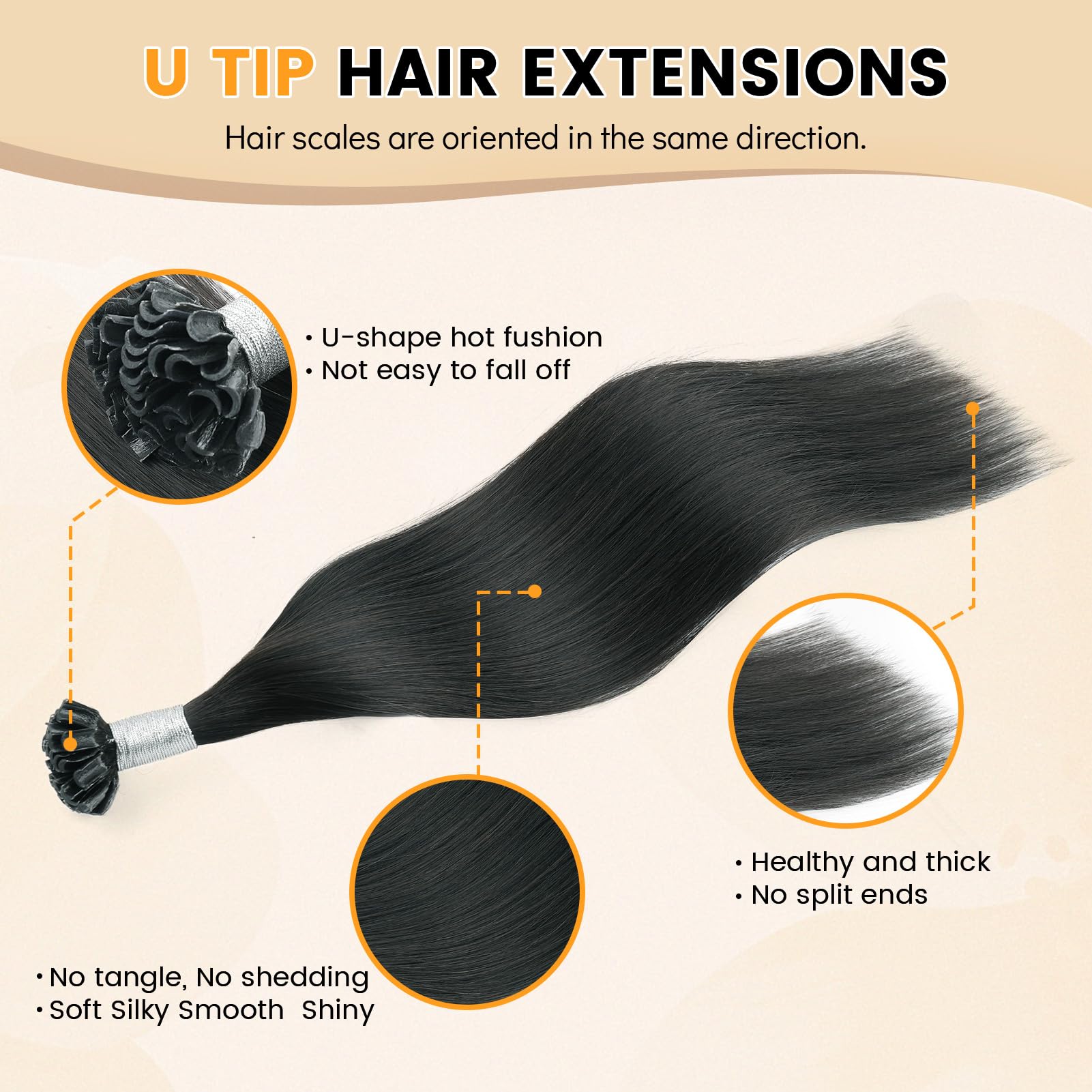Yuniffe U Tip Hair Extensions Real Human Hair Extensions U Tip Hot Fusion Hair Extensions Remy Straight Hair Extensions Nail Tip Keratin Real Hair Extensions Jet Black 20 inch 50g/50s - Image 3