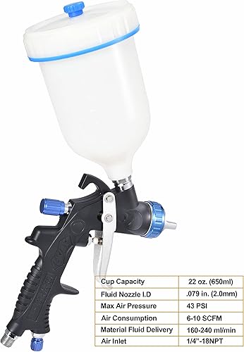Miniatura 2 de Dynastus Pulverizador profesional de pintura con detalle de pistola de aire HVLP compuesta de 20 onzas boquilla de 0079in con kits de regulador de