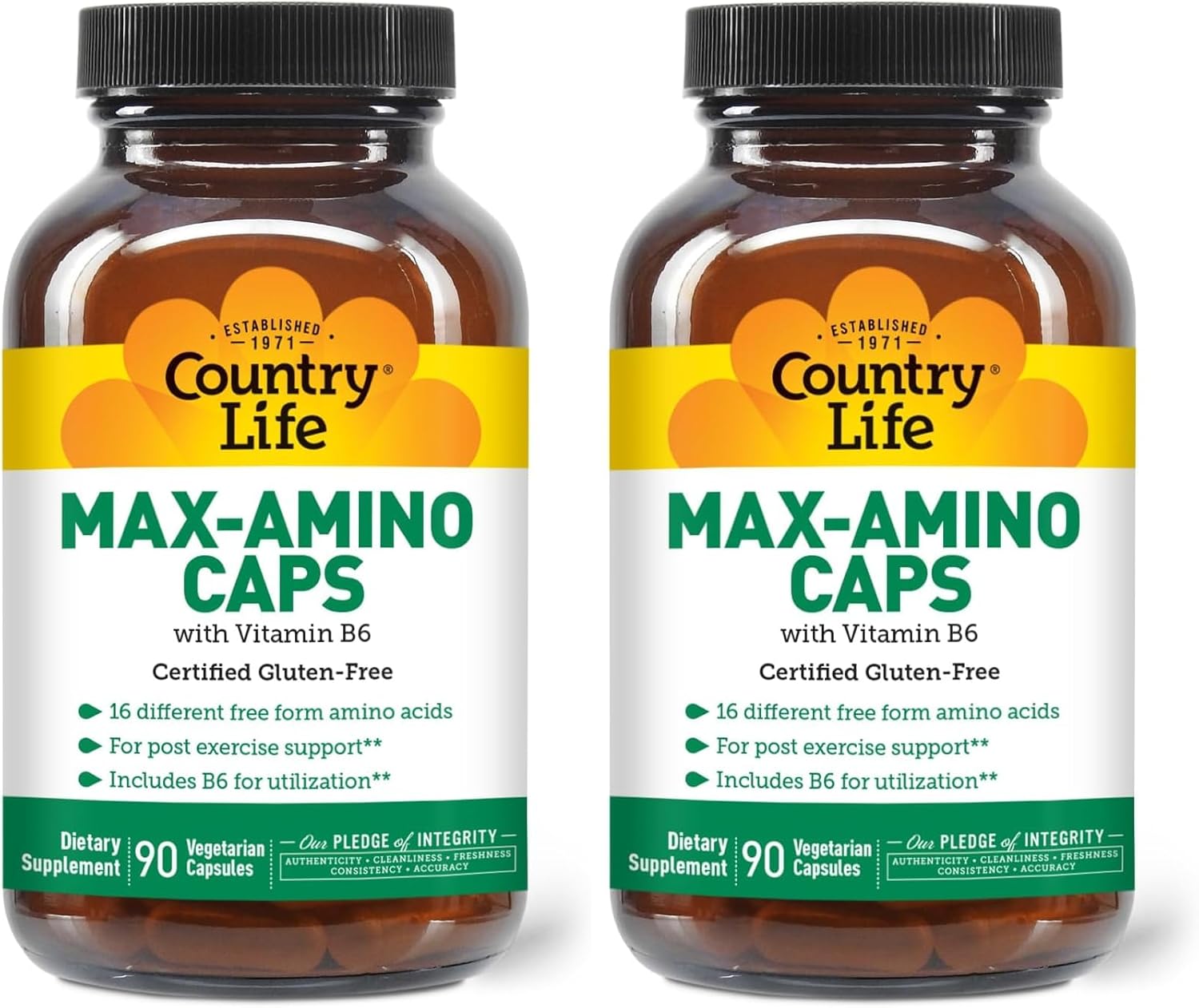 Country Life Maxi-Amino with 16 Free Form Amino Acids, 90 Vegetarian Capsules, Certified Gluten Free, Certified Vegetarian (Pack of 2)