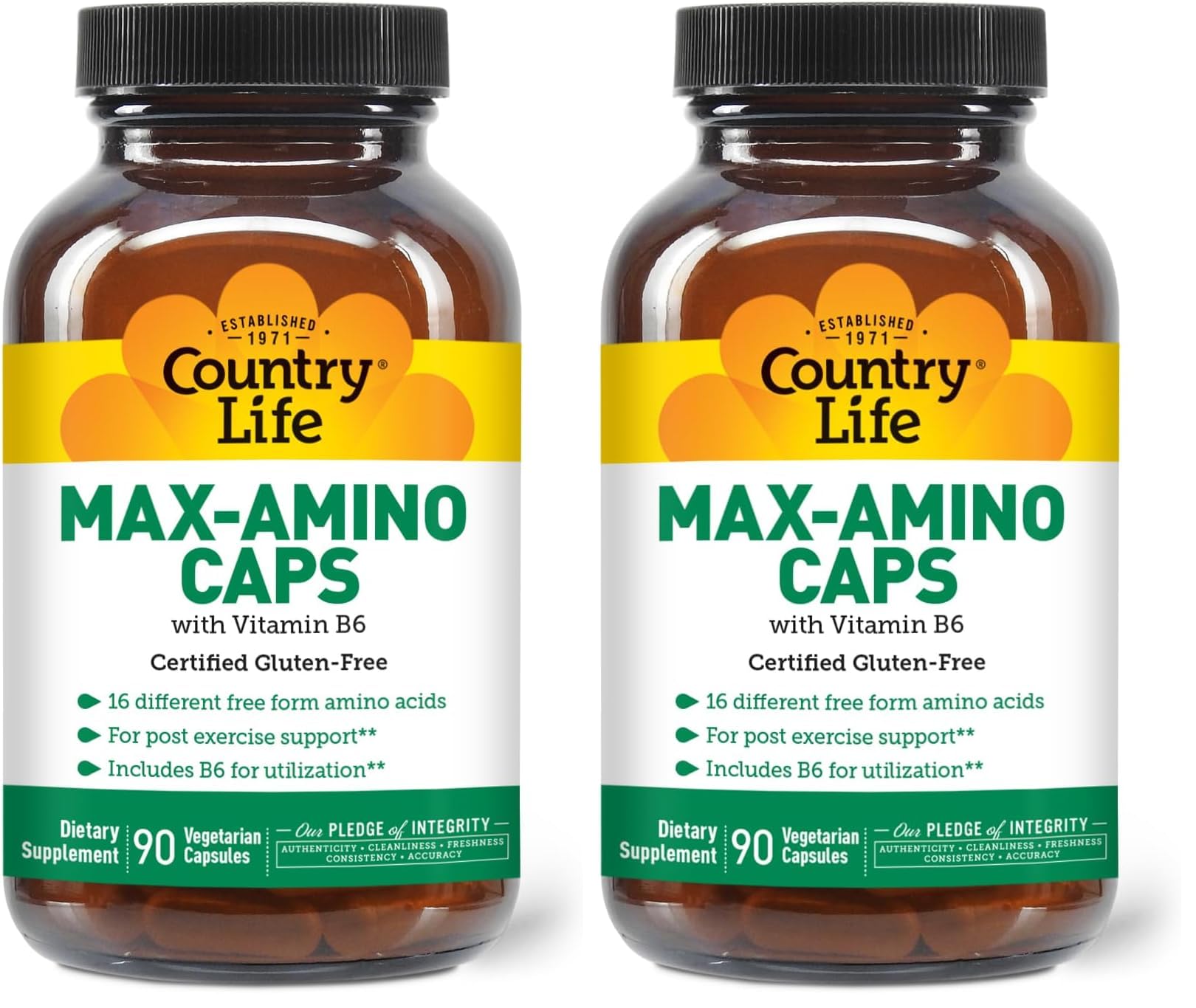 Country Life Maxi-Amino with 16 Free Form Amino Acids, 90 Vegetarian Capsules, Certified Gluten Free, Certified Vegetarian (Pack of 2) Unflavored 90 Count (Pack of 2)
