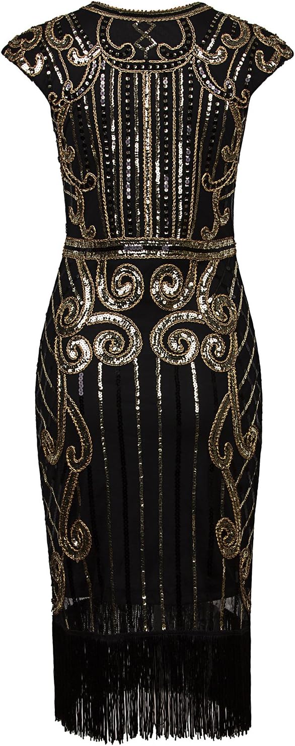 Vijiv 1920s Vintage Inspired Sequin Embellished Fringe Long Gatsby Flapper Dress