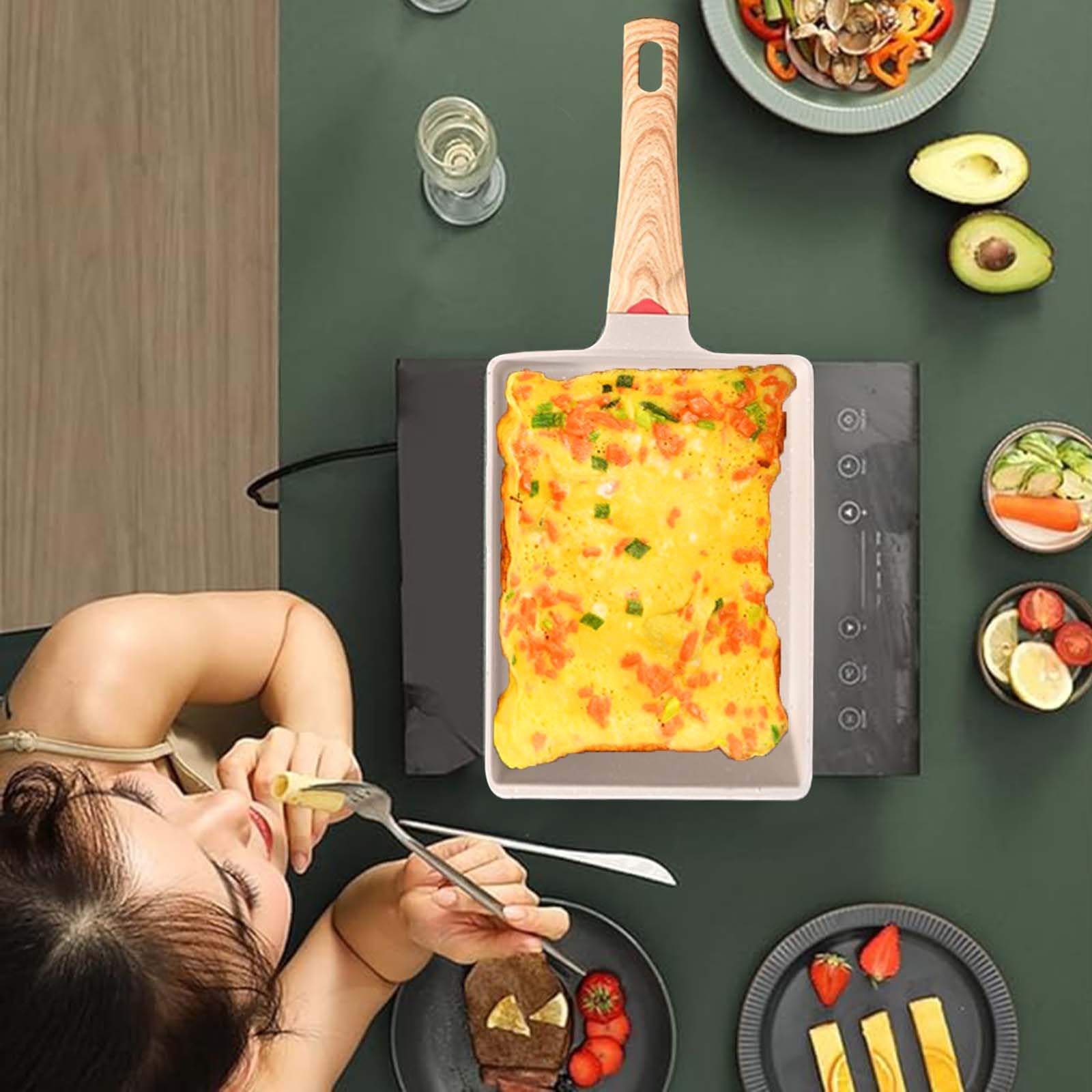 Yuragim Padella per Omelette Giapponese,Padella Tamagoyaki con Spatola in Silicone Padella Rettangolare con Rivestimento Antiaderente in Ceramica e Manico Rimovibile per Tutti i Tipi di Fornelli Beige