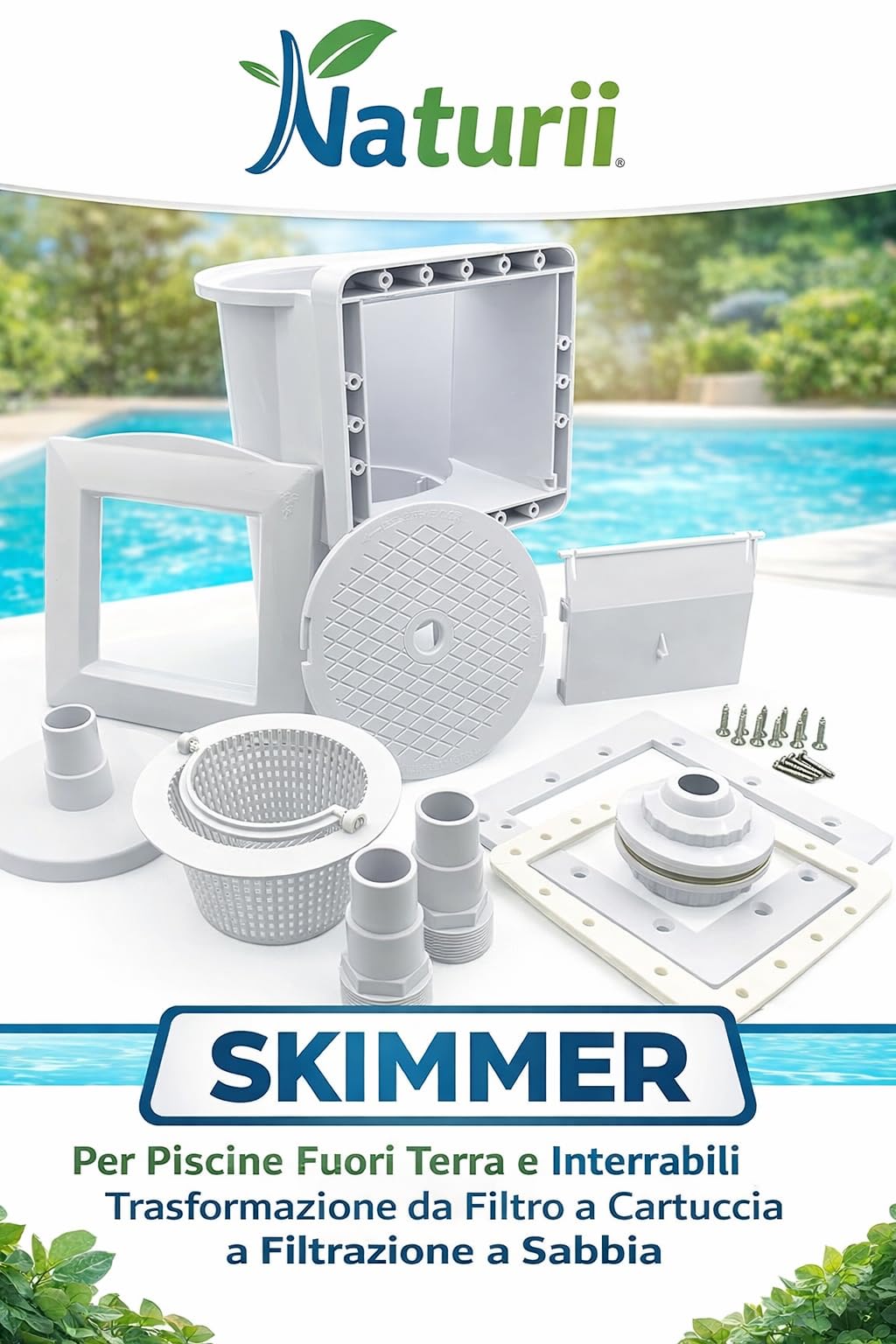 Naturii Skimmer pour piscines hors sol et enterré compatible Gre AR100, kit complet avec panier et accessoires, adapté à la transformation de filtre à cartouche à filtration de sable