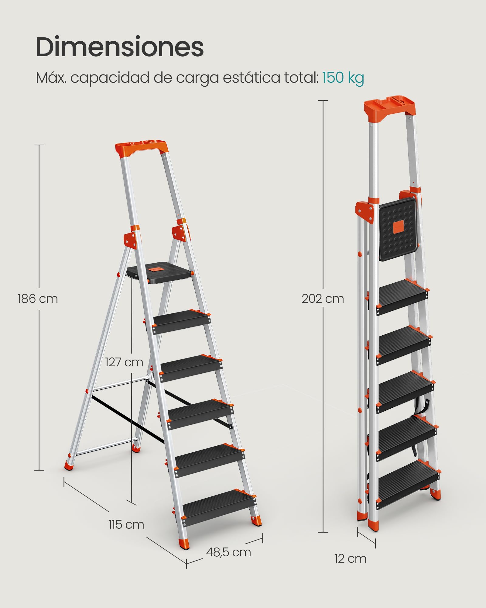 SONGMICS Escalera de 6 Peldaños, Escalera de Aluminio con Peldaños de 12 cm de Profundo, Plegable, Bandeja y Pies Antideslizantes, Carga de 150 kg, Negro y Naranja GLT06BK