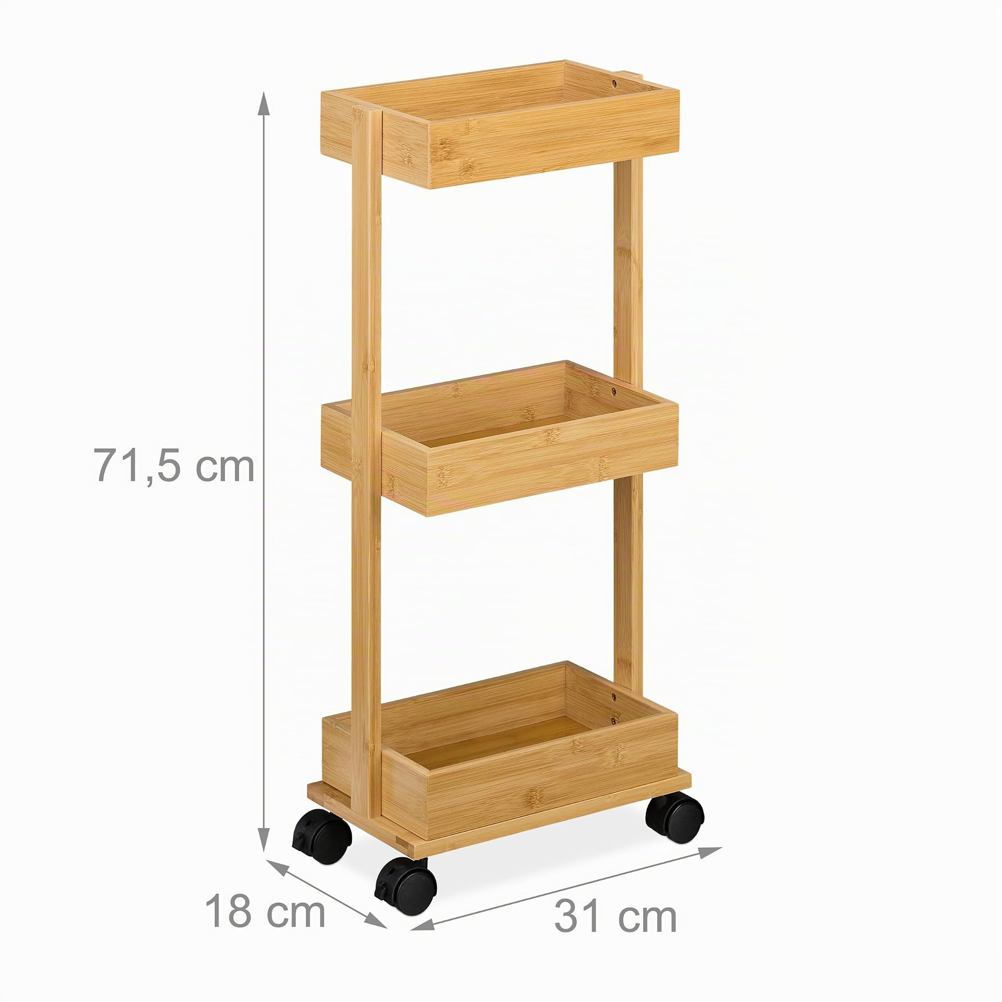 Relaxdays Mobile da Bagno con 3 Ripiani, Mobiletto su Ruote, Carrello da Cucina, 71,5x31x18 cm, Scaffale bambù, Naturale