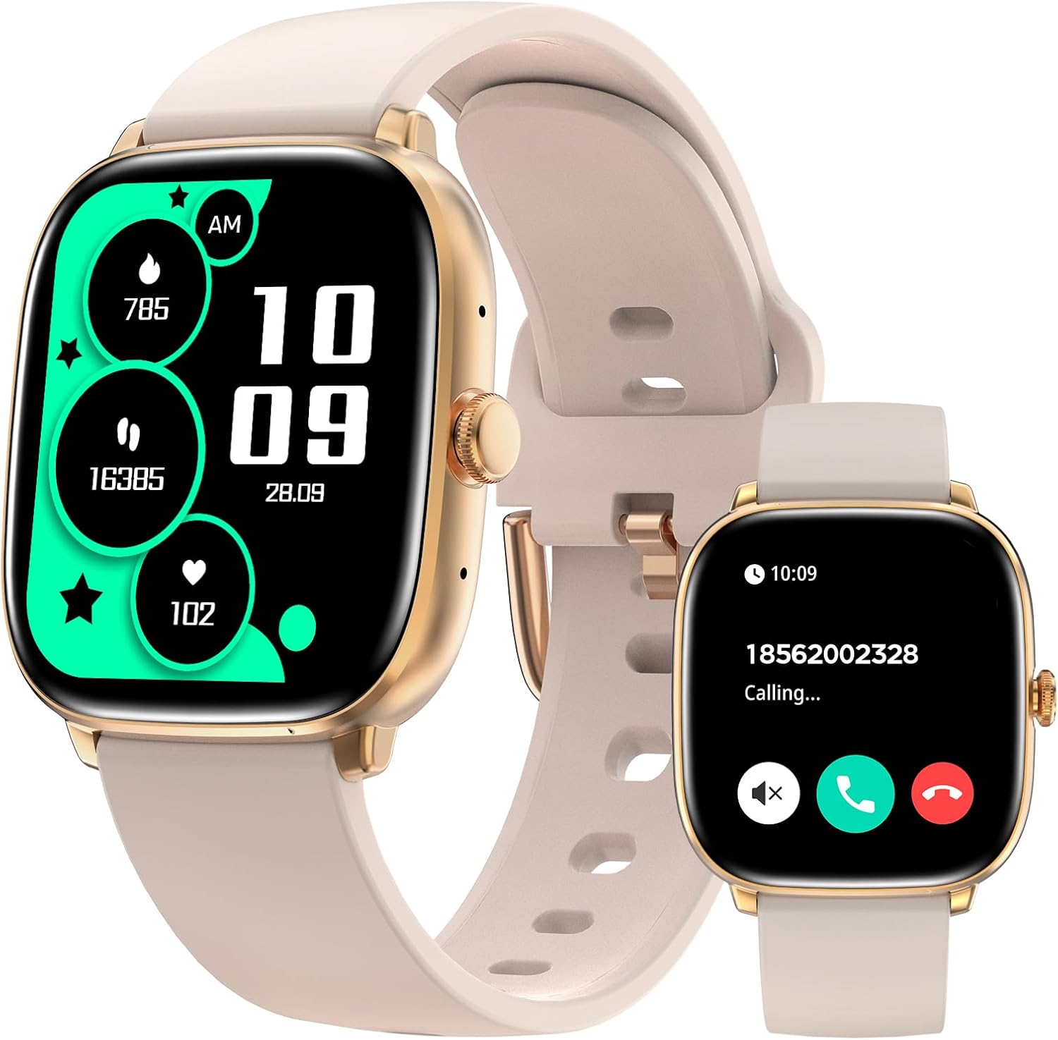 BRIBEJAT Android Smart Watches for Women, 1.75” AMOLED Touchscreen, Bluetooth Calling, Heart Rate/SpO2/Sleep Monitor, Long Battery, IP68 Waterproof Finess Watch Compatible with iPhone Android (Gold)