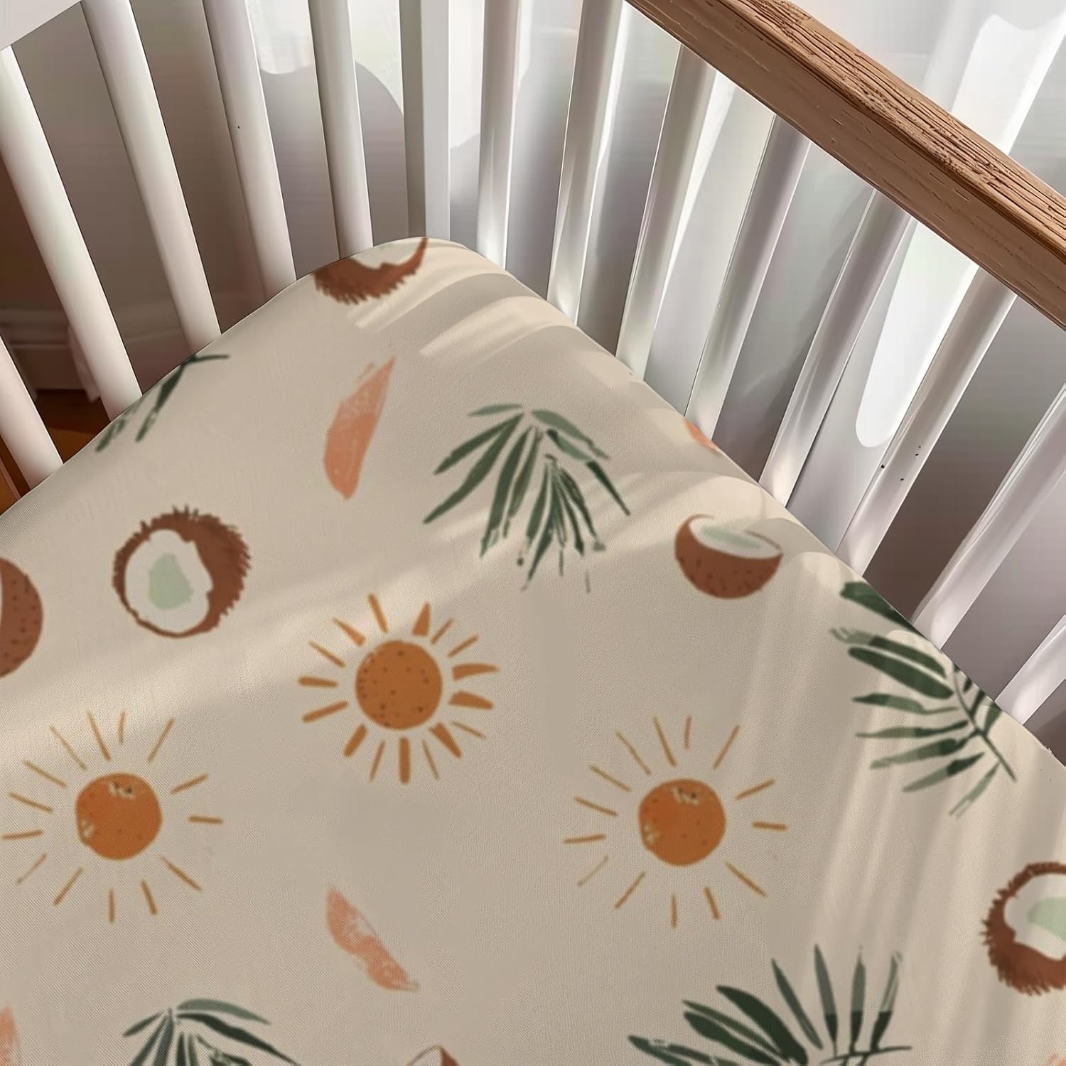 Summer Palm Coconut Sun Leaves Pattern Baby Sheets for Crib, Unisex Summer Theme Nursery Fitted Bed Sheet for Boys Girls Standard Crib and Toddler Mattress-28x52