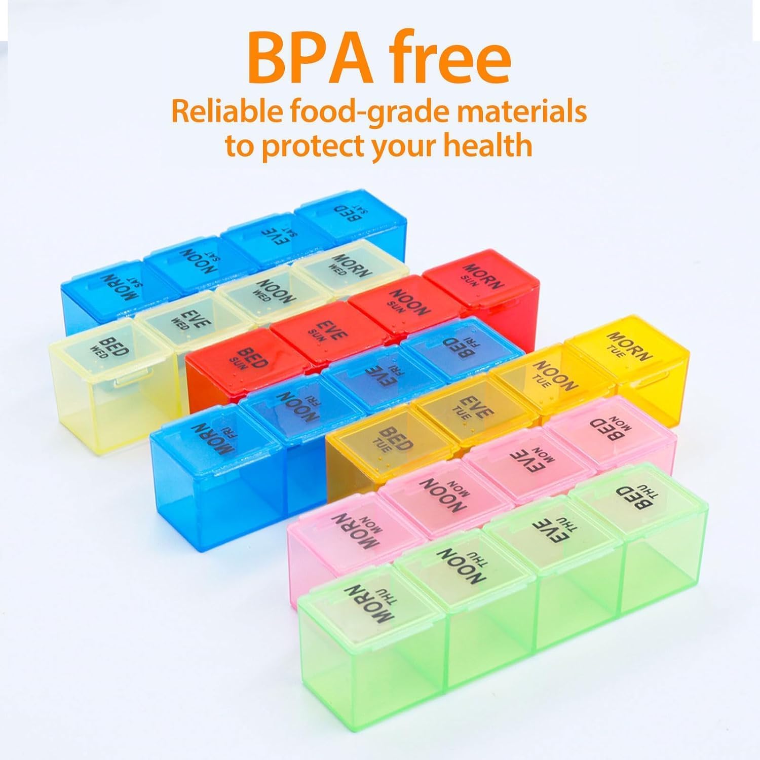 4Pack Weekly Pill Organizer 4 Times a Day, 7-Day Pill Boxes, Monthly Medication Organizer 28 Days Portable Compartments & Moisture-Proof Outer Case for Vitamins, Fish Oils, Supplements (Black)