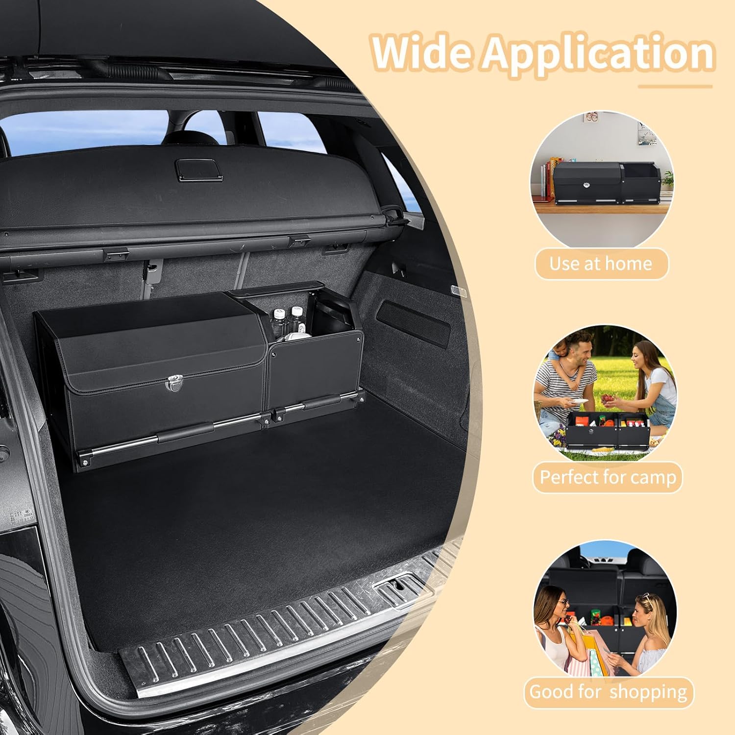 Car Trunk Organizer, Leather Trunk Organizer for SUV with Lid and Sturdy Handle Collapsible Adjustable Storage (Black, 33 x 11.4 x 12.2in)