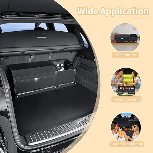 Miniatura 6 de Organizador de maletero de automóvil, organizador de maletero de cuero para SUV con tapa y asa resistente, almacenamiento plegable y ajustable