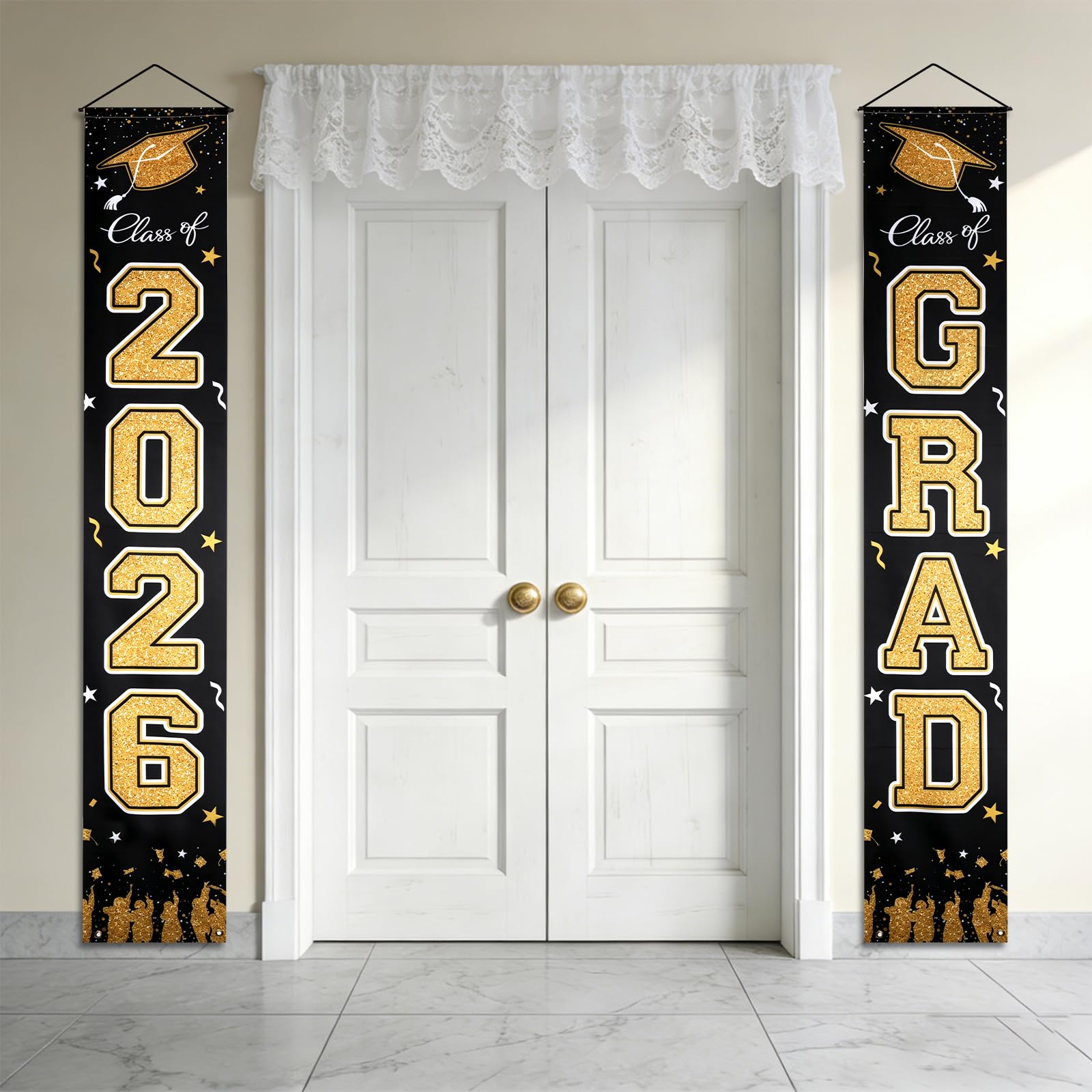 Esitrormi Class of 2026 Graduation Door Banners, Black Gold GRAD Porch Signs for Indoor Outdoor Party Decorations
