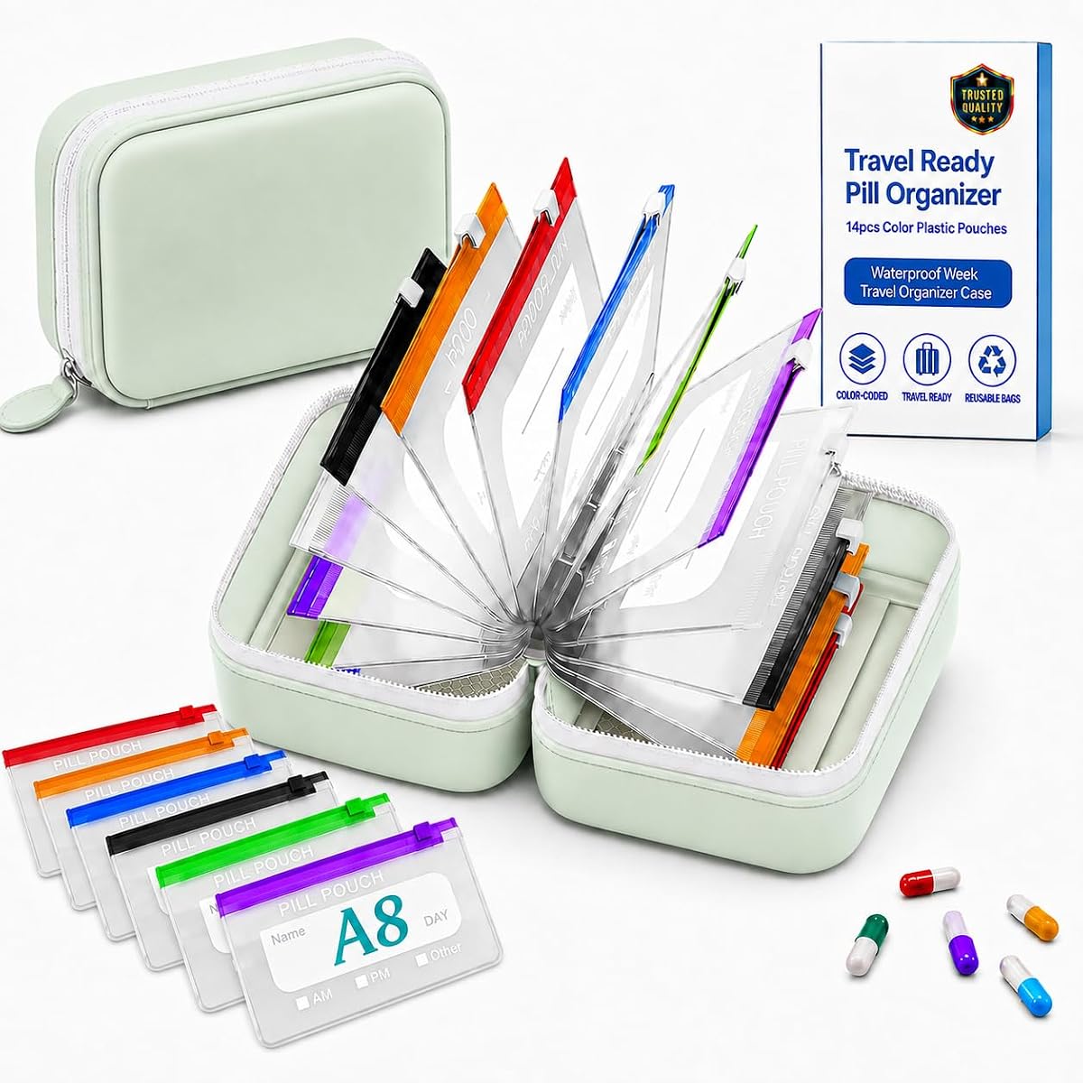 Travel Pill Organizer Waterproof Pill Pouches with A8 Binder Set 14 PCS L Size Clear Zipper Medicine Storage Bags with Labels Reusable Pill Holder Case for Vitamins Daily Use and Trips