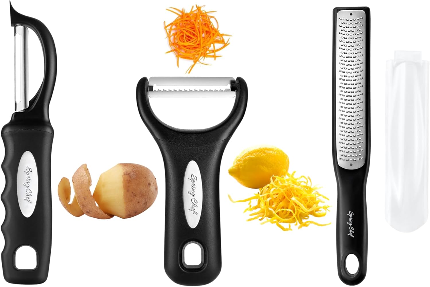 Spring Chef Stainless Steel Swivel & Julienne Vegetable Peelers & Zester, Fine Shred - 3 Product Bundle - Black