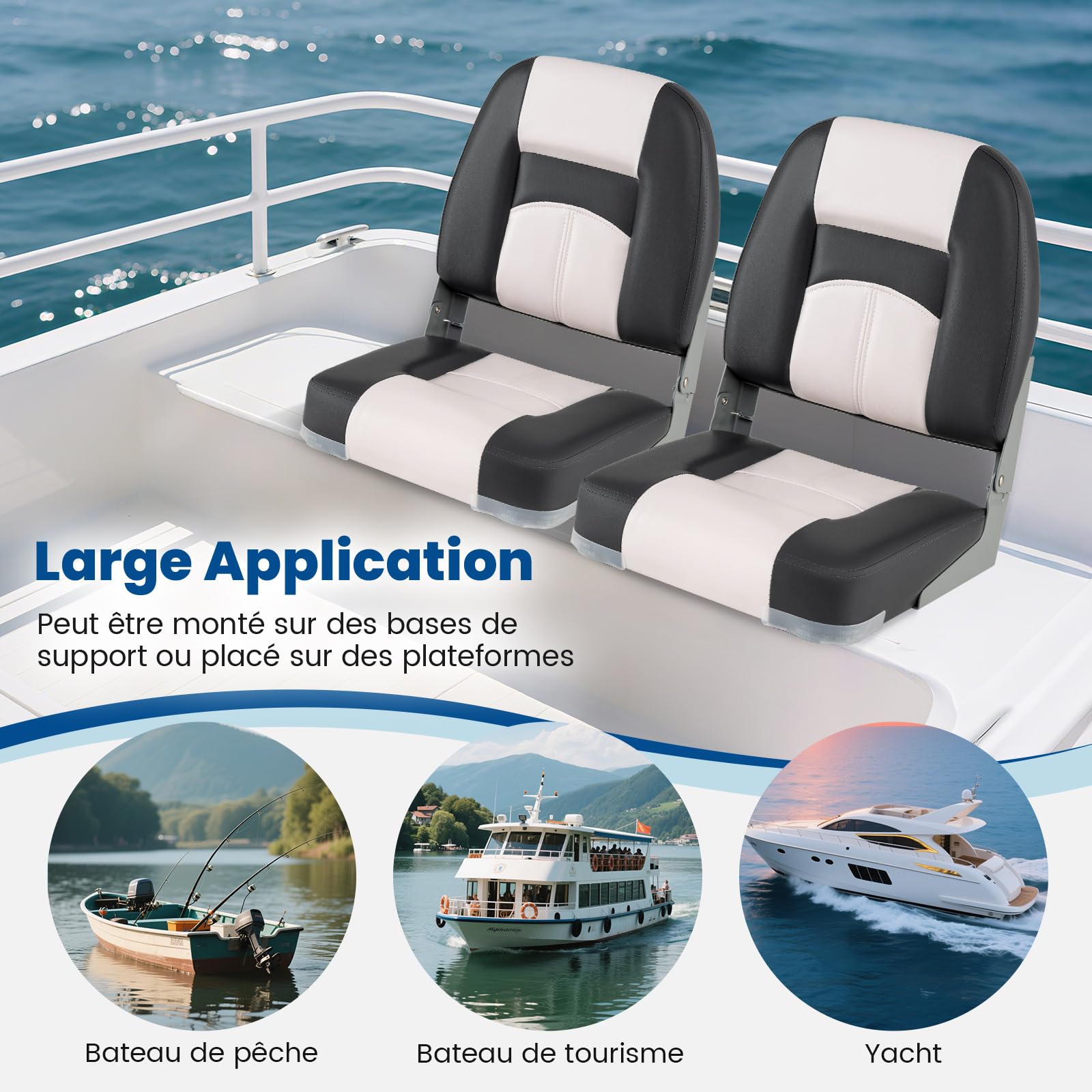 GYMAX Lot de 2 Siège de Bateau à Dossier Bas Pliable, Rembourrage en Éponge Épaisse, Surface en Cuir PVC Imperméable, Boulons de Fixation, Chaises pour Bateau de Pêche, Vedette Rapide