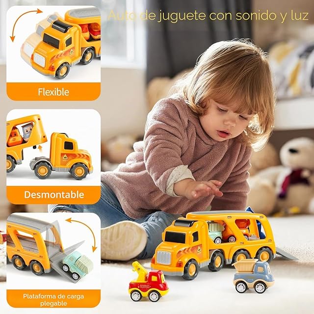 Foto 4 de 7 de Zoelele Camión Juguete 5 en 1 con Luces y Sonidos, Parking y Transportador con 4 Mini Coches, Autobús…